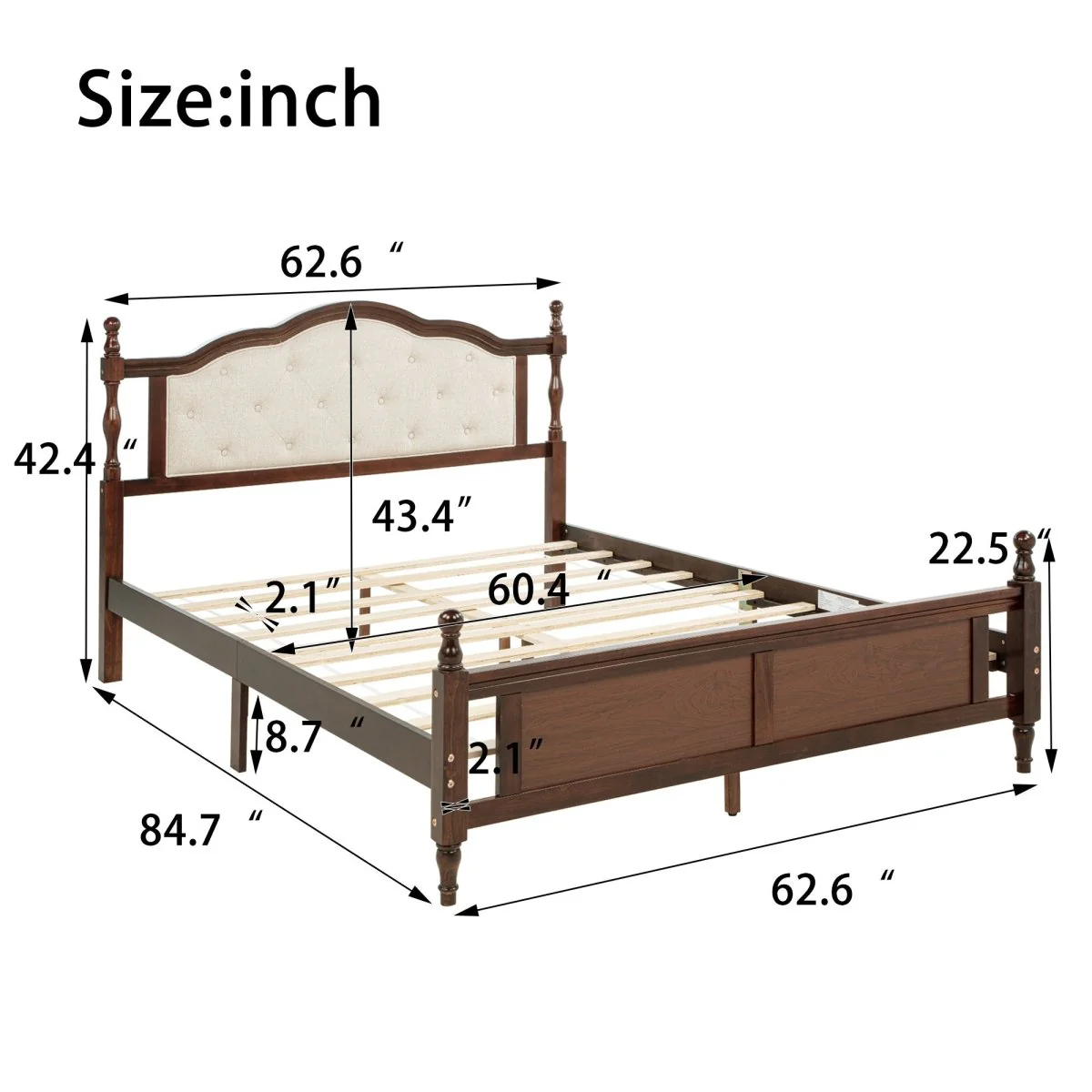Marston Queen Bed in Walnut Pine with Upholstered Headboard - Image 9