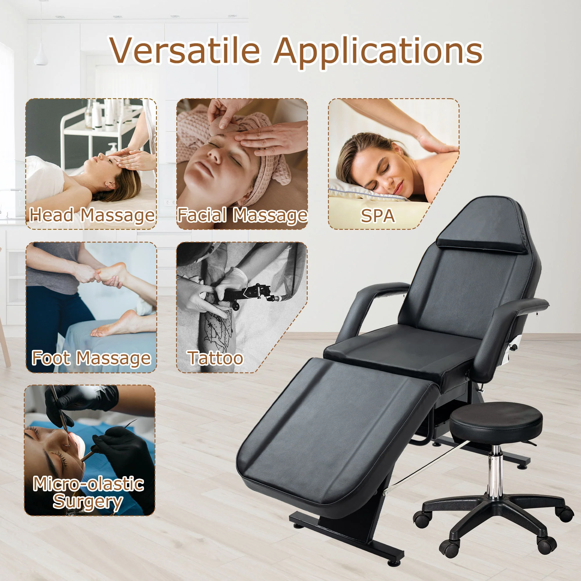 Massage Salon Tattoo Chair With Two Trays Esthetician Bed With Hydraulic Stool, Multi-Purpose 3-Section Facial Bed Table, Adjustable Beauty Barber Spa Beauty Equipment - Image 16