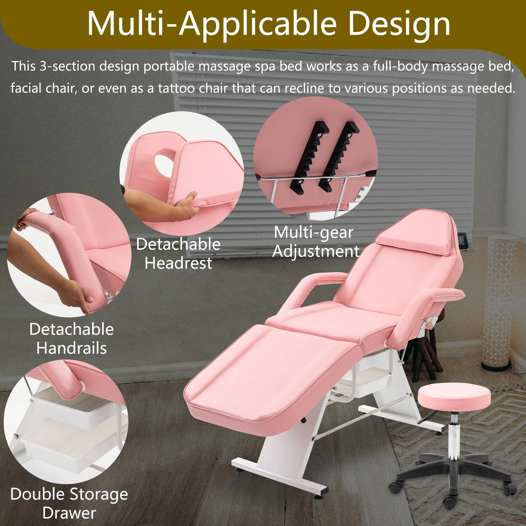 Massage Salon Tattoo Chair With Two Trays Esthetician Bed With Hydraulic Stool, Multi-Purpose 3-Section Facial Bed Table, Adjustable Beauty Barber Spa Beauty Equipment - Image 21
