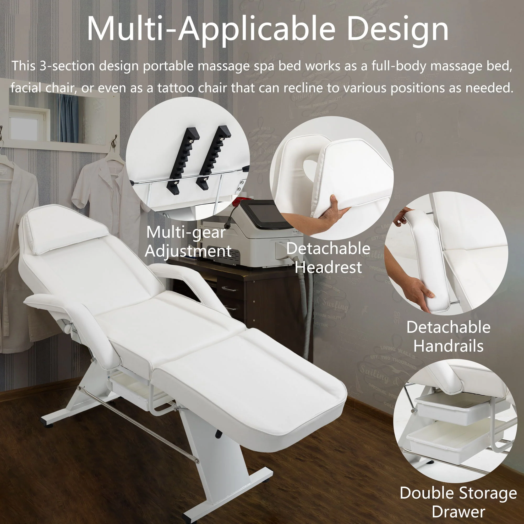Massage Salon Tattoo Chair With Two Trays Esthetician Bed With Hydraulic Stool, Multi-Purpose 3-Section Facial Bed Table, Adjustable Beauty Barber Spa Beauty Equipment - Image 5