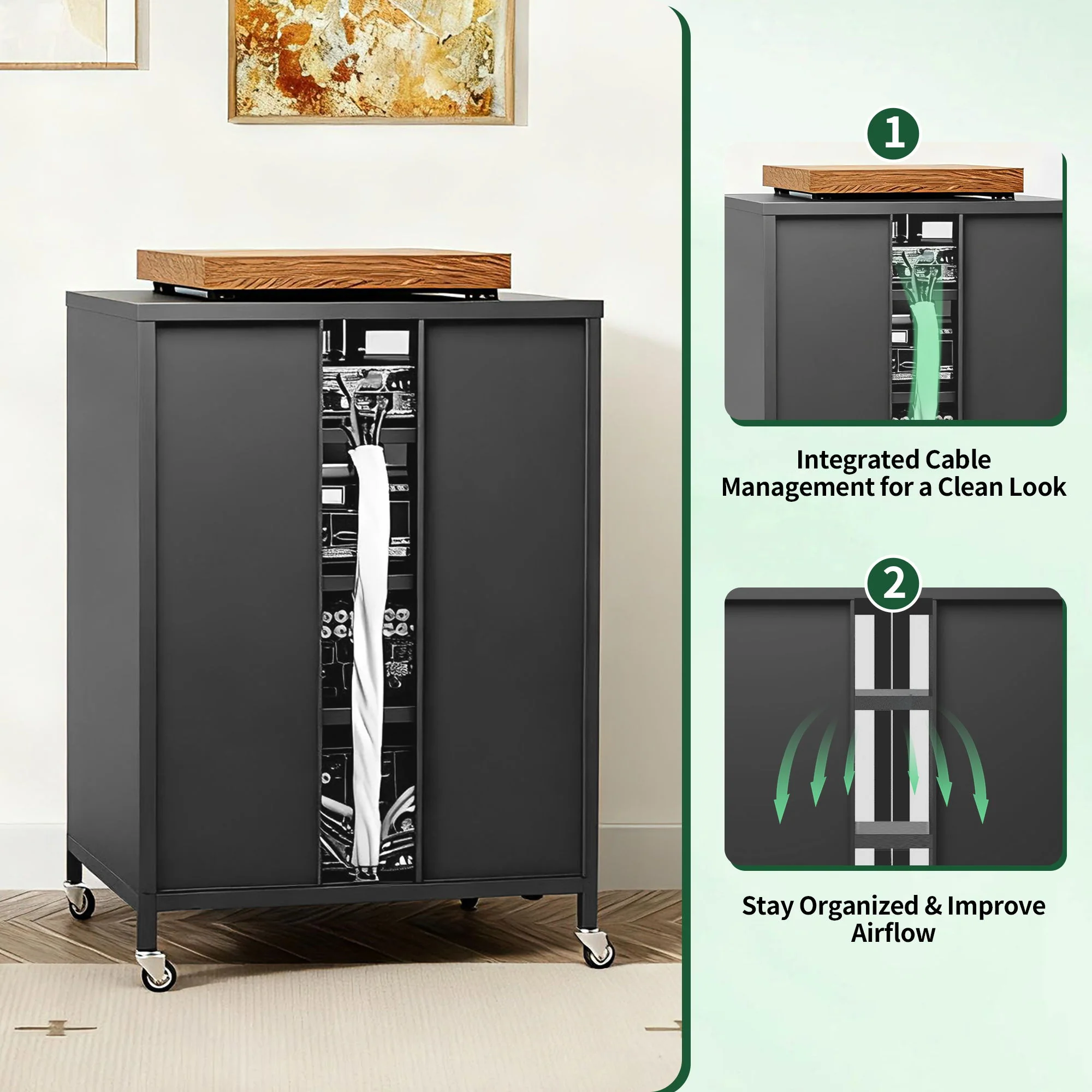 Media Storage Cabinet With Wheels, 4 Adjustable Glass Shelves & Door, Heavy-Duty - Black - Image 7