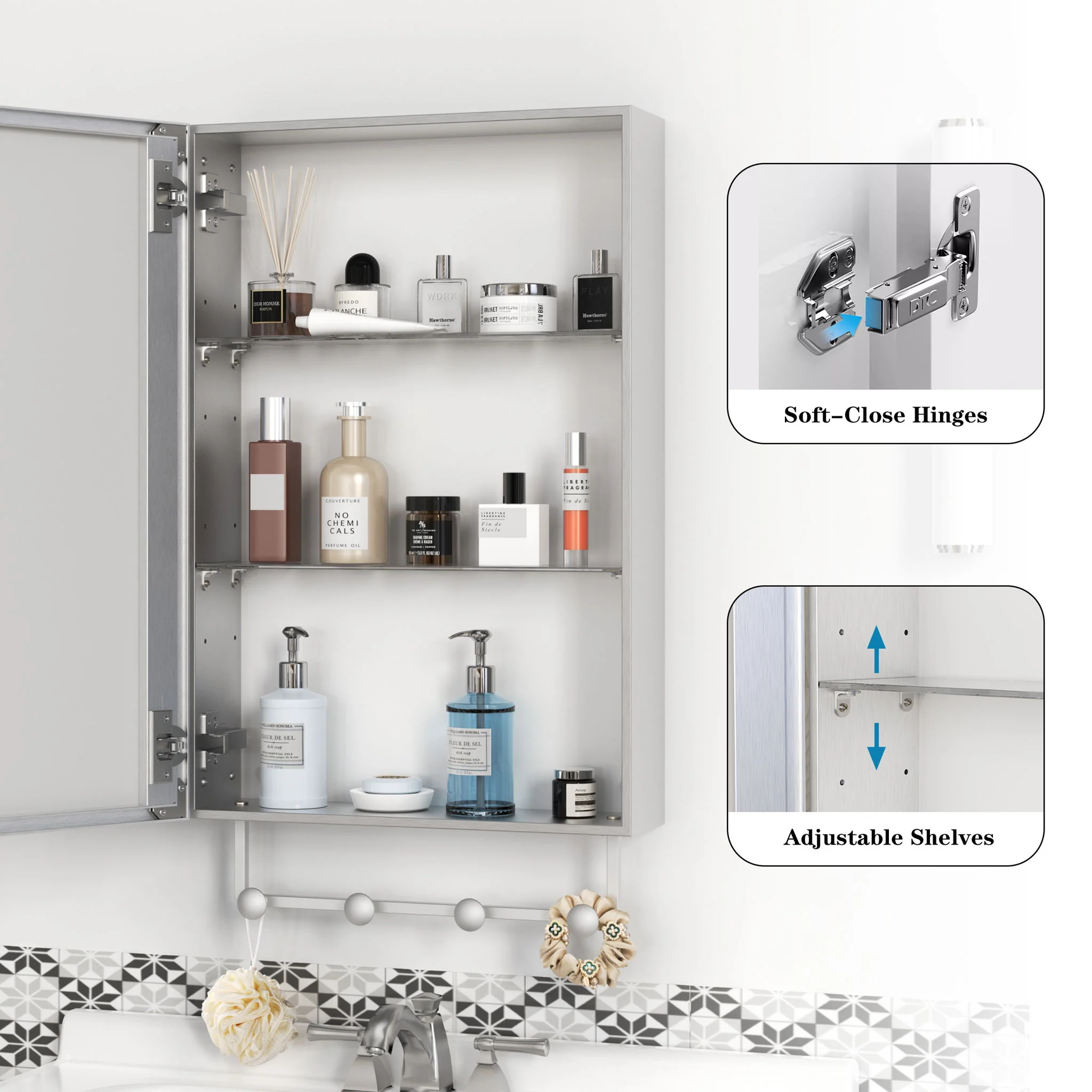 Medicine Cabinet, Wall Mounted Bathroom Mirror With Storage, Adjustable Shelves - Silver - Image 7