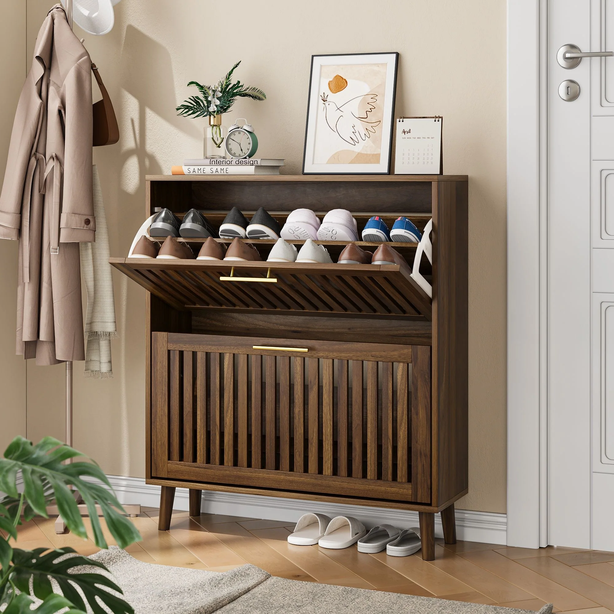 Medieval Modern Shoe Cabinet With 2 Flip Drawers And Fence Design - Image 3