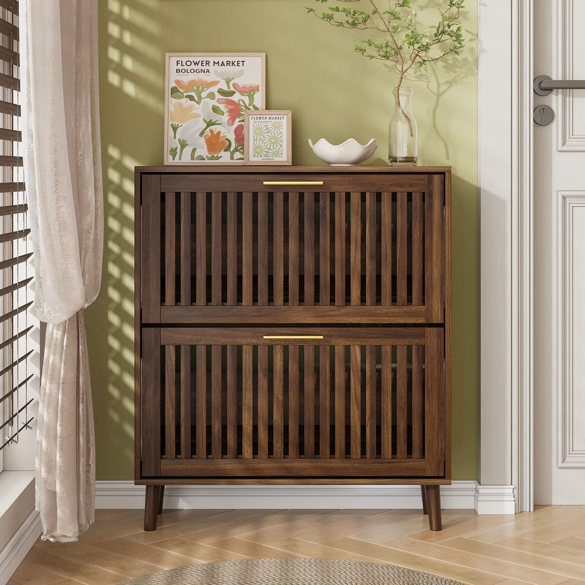 Medieval Modern Shoe Cabinet With 2 Flip Drawers And Fence Design - Image 8