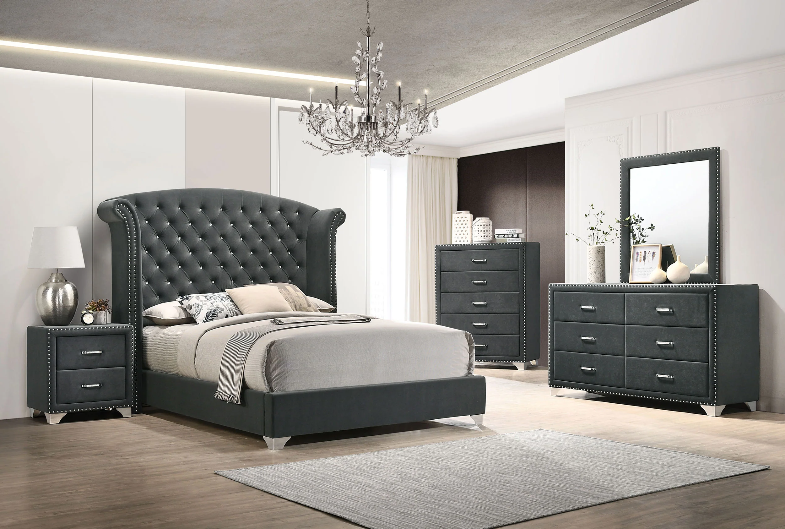 Melody 5-Drawer Bedroom Chest in Grey Velvet - Image 2