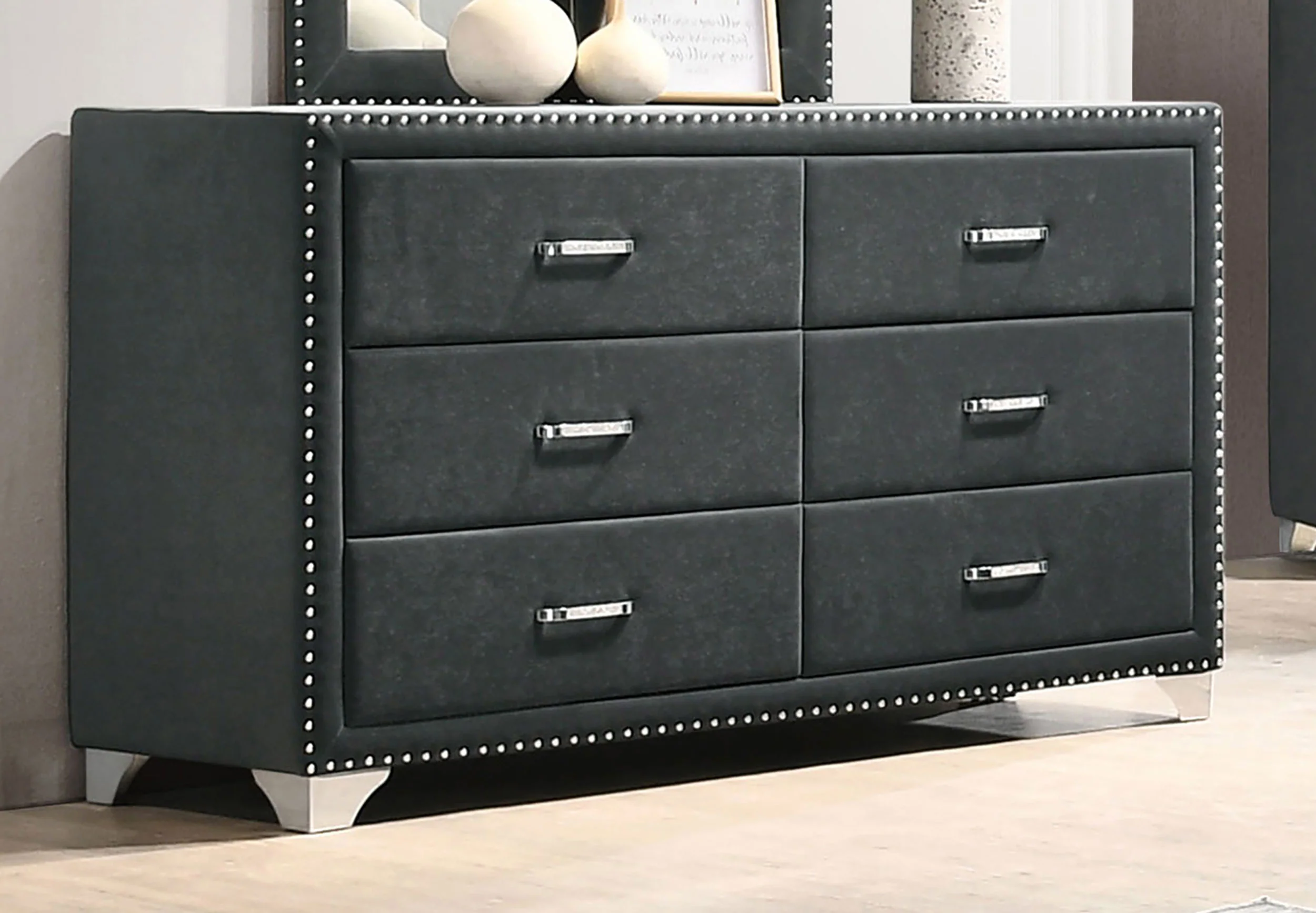 Melody 6-Drawer Upholstered Dresser in Grey - Image 3