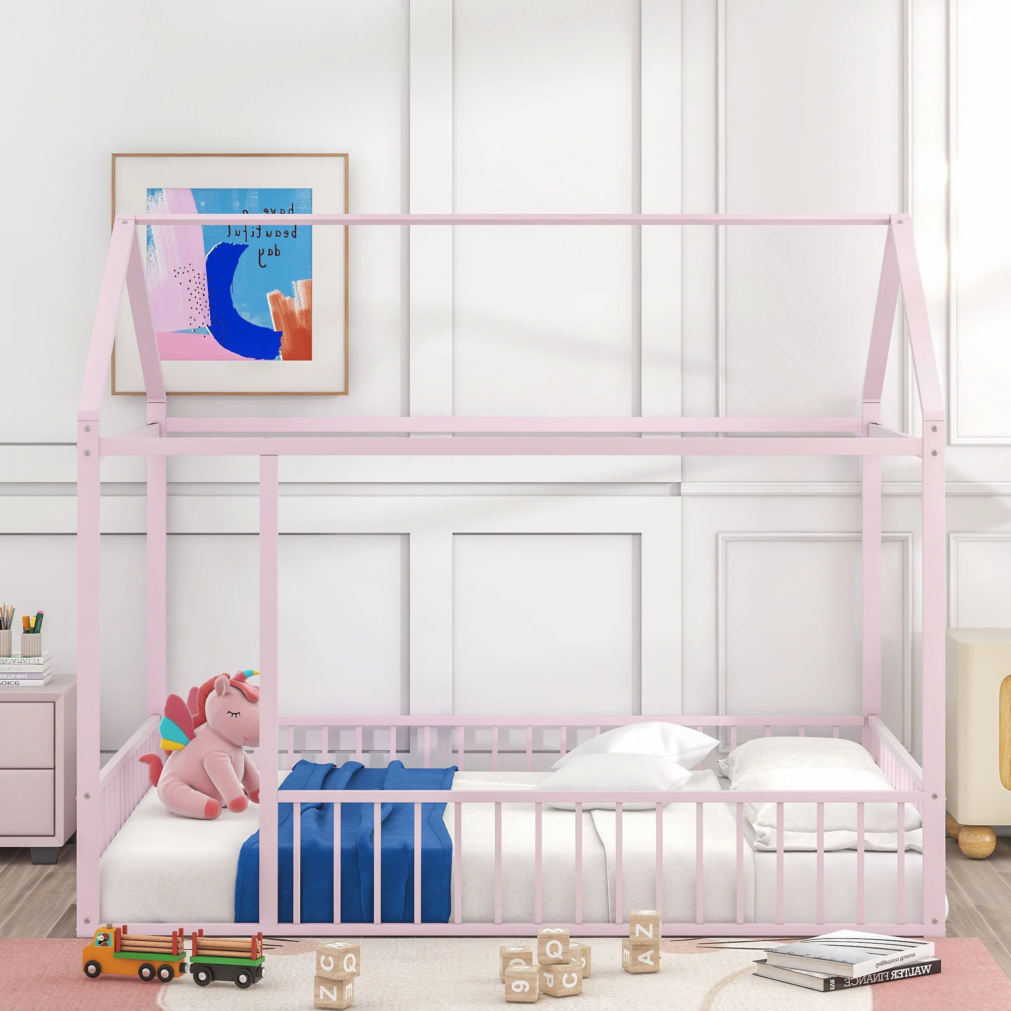 Metal Bed House Bed Frame With Fence - Image 27