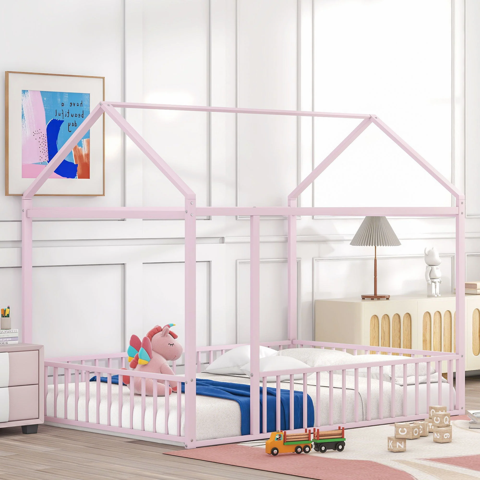 Metal Bed House Bed Frame With Fence - Image 3
