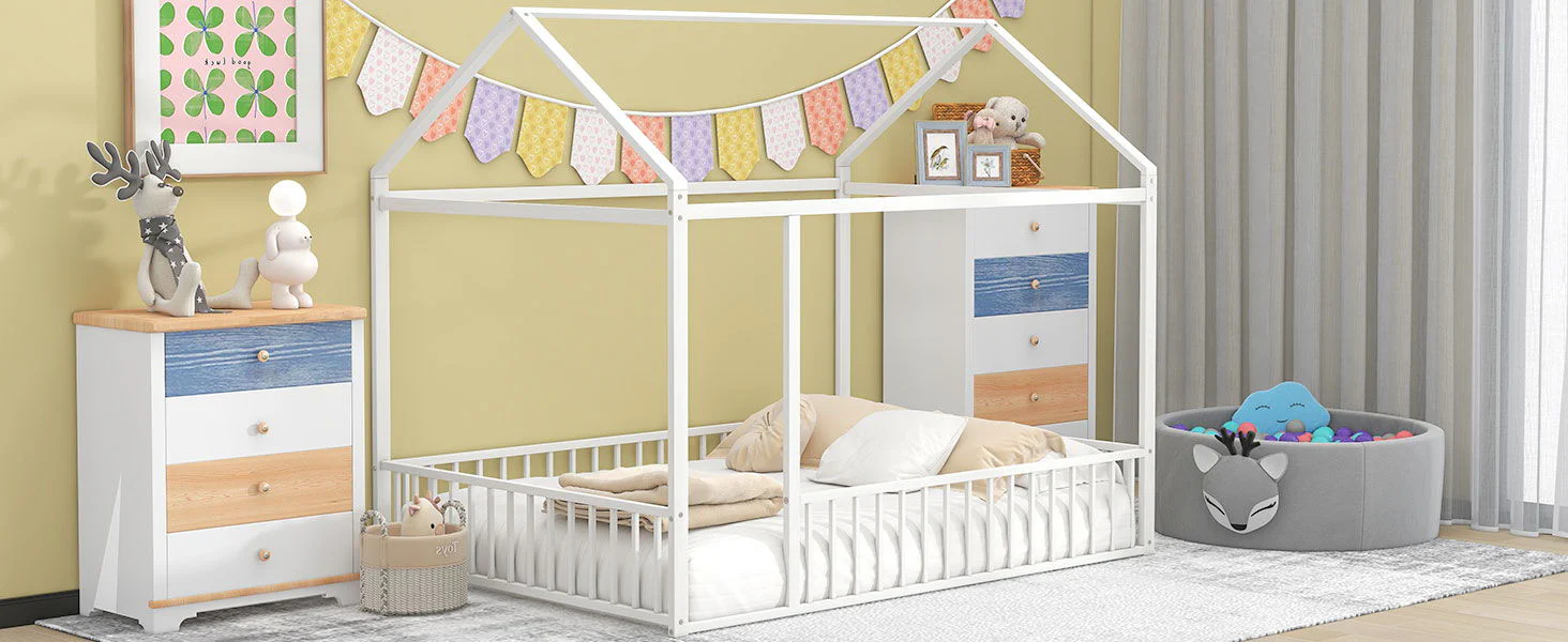 Metal Bed House Bed Frame With Fence - Image 9