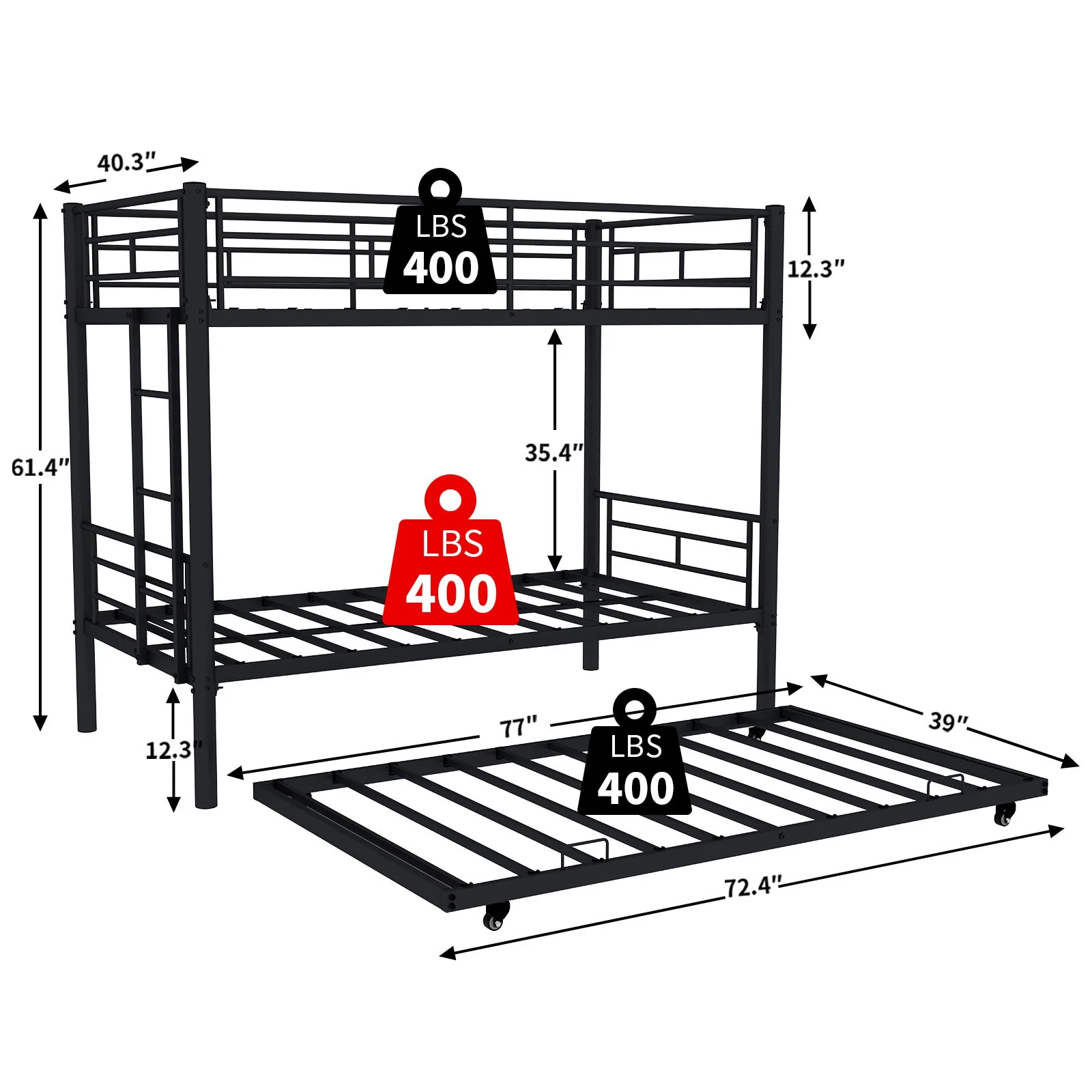 Metal Bunk Bed For Kids, Convertible Bedframe With Ladders & Guardrail - Image 12