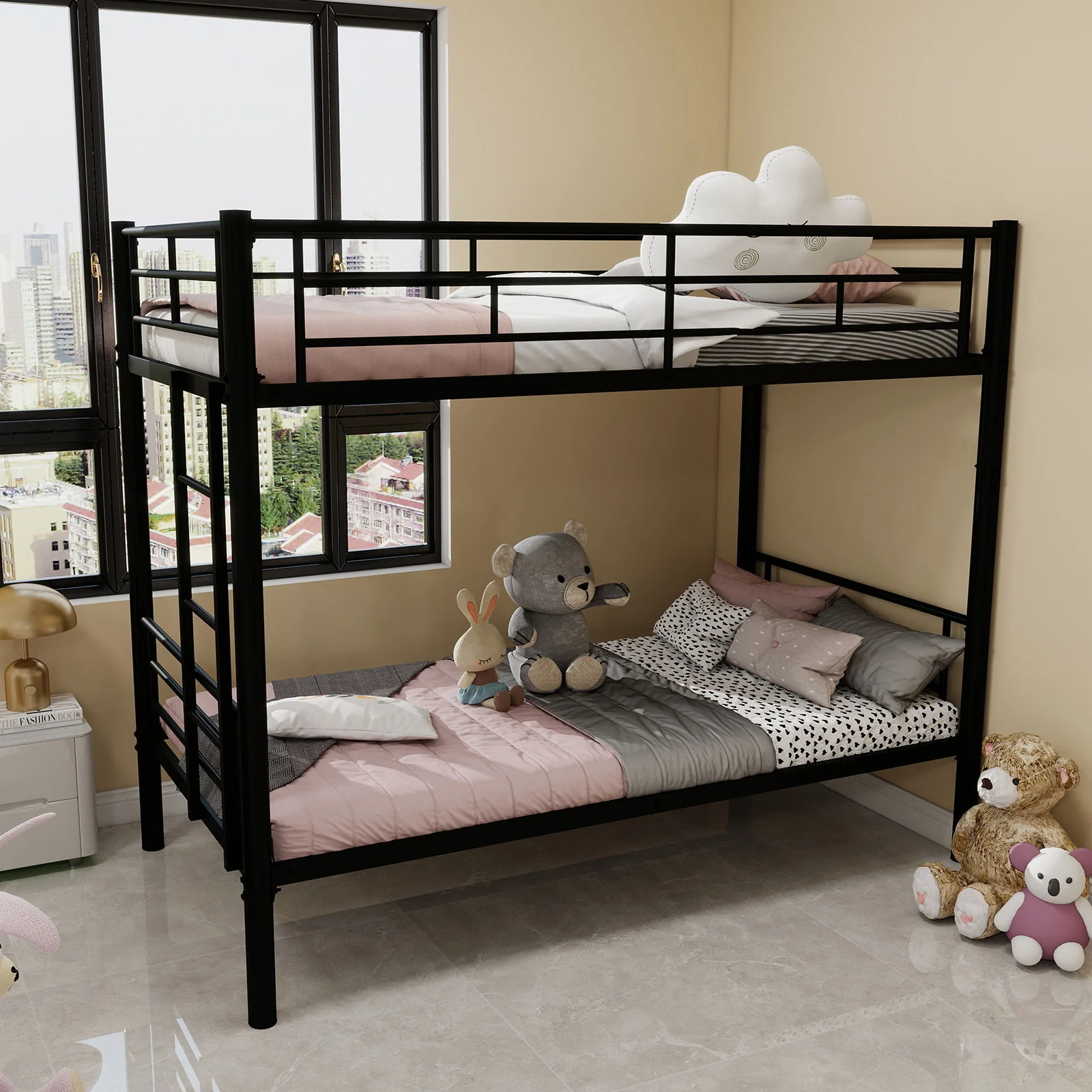 Metal Bunk Bed For Kids, Convertible Bedframe With Ladders & Guardrail - Image 17