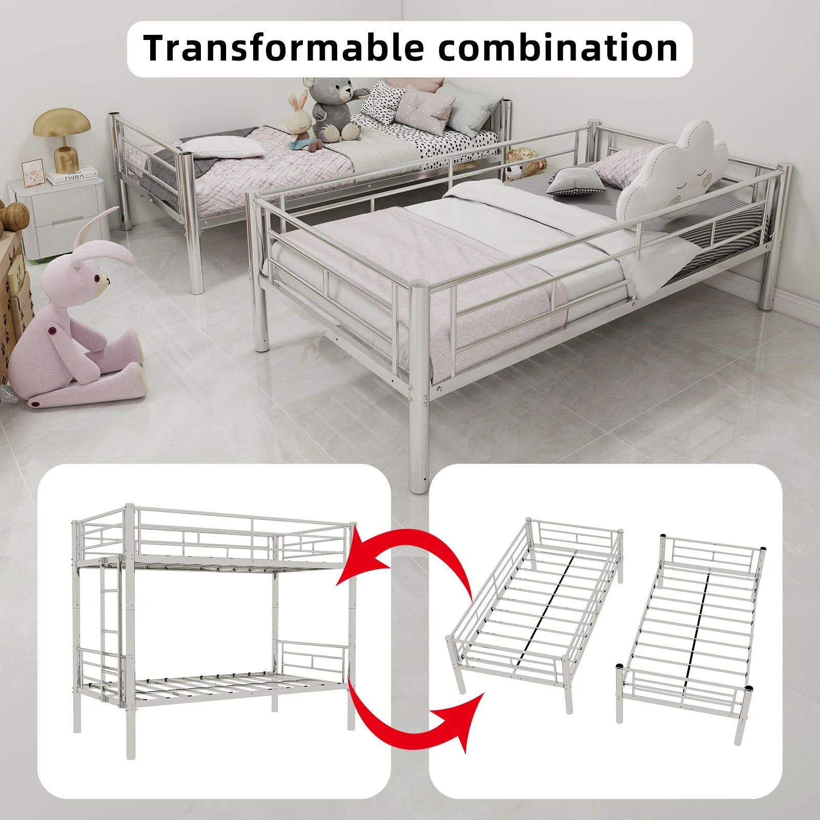 Metal Bunk Bed For Kids, Convertible Bedframe With Ladders & Guardrail - Image 21
