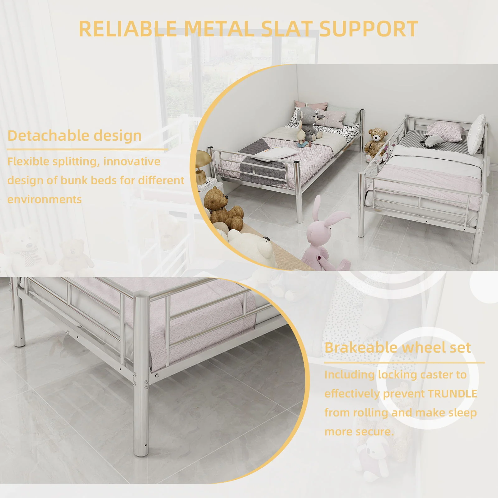 Metal Bunk Bed For Kids, Convertible Bedframe With Ladders & Guardrail - Image 25