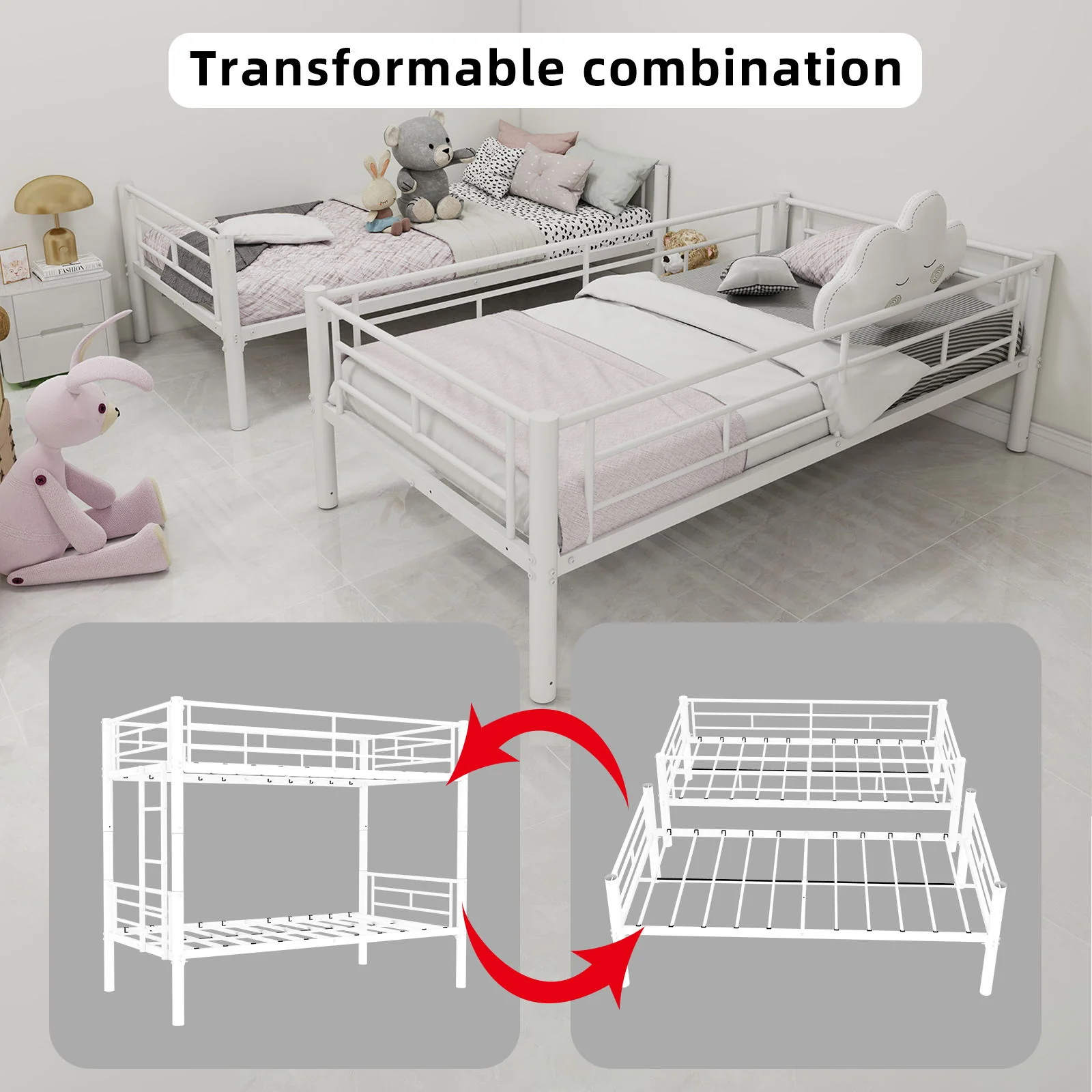 Metal Bunk Bed For Kids, Convertible Bedframe With Ladders & Guardrail - Image 33