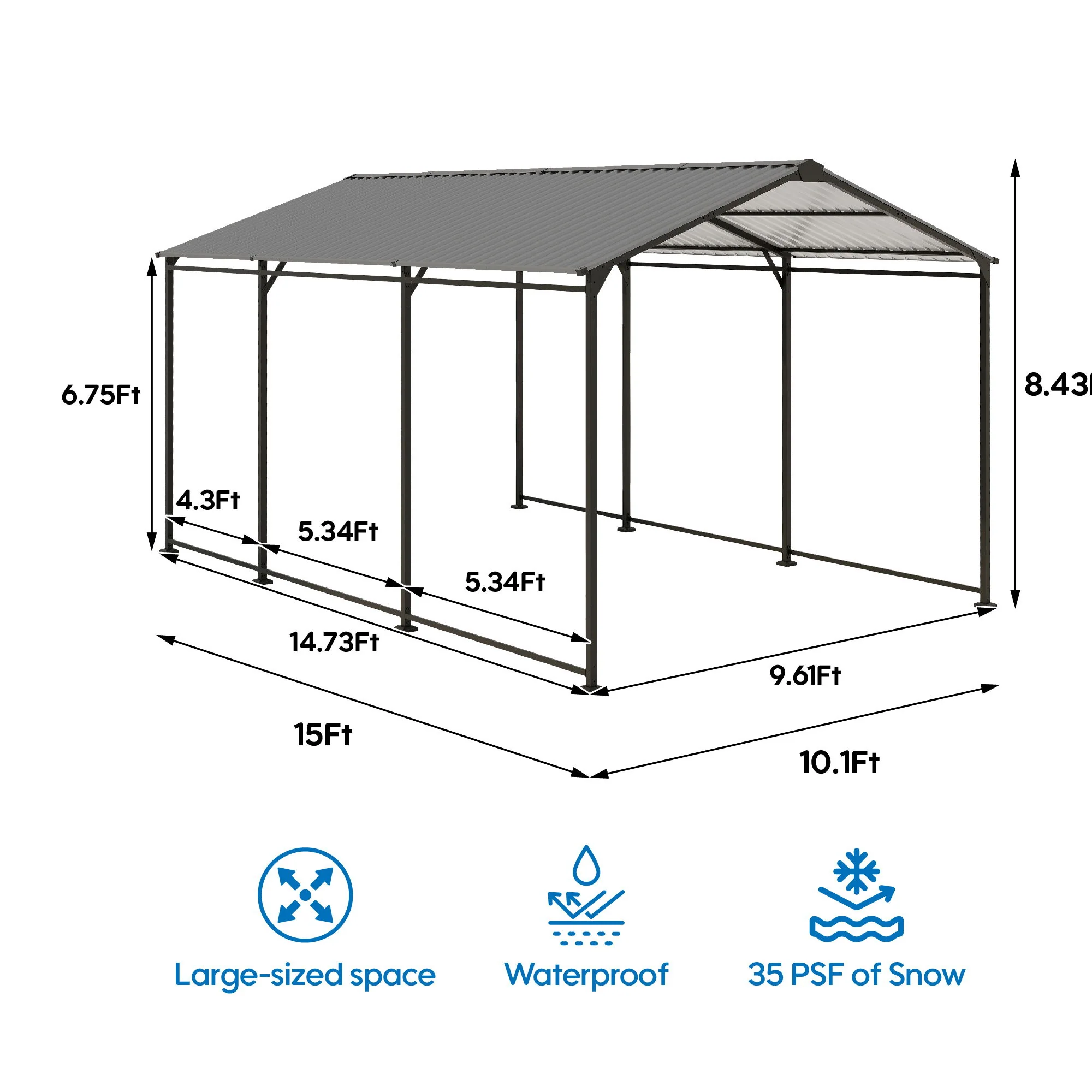 Metal Carport 10 5Ft Heavy Duty With Galvanized Steel Roof Metal Garage Canopy With Galvanized Steel Roof & Frame Car Tent Outdoor Storage Shed - Gray - Image 2