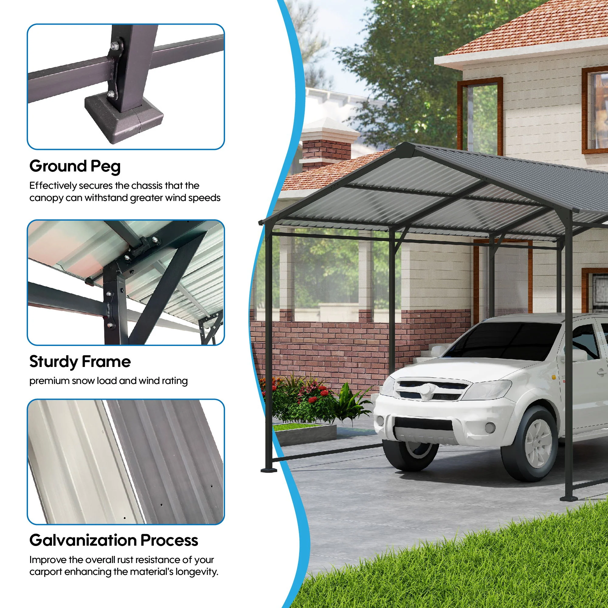 Metal Carport 10 5Ft Heavy Duty With Galvanized Steel Roof Metal Garage Canopy With Galvanized Steel Roof & Frame Car Tent Outdoor Storage Shed - Gray - Image 3