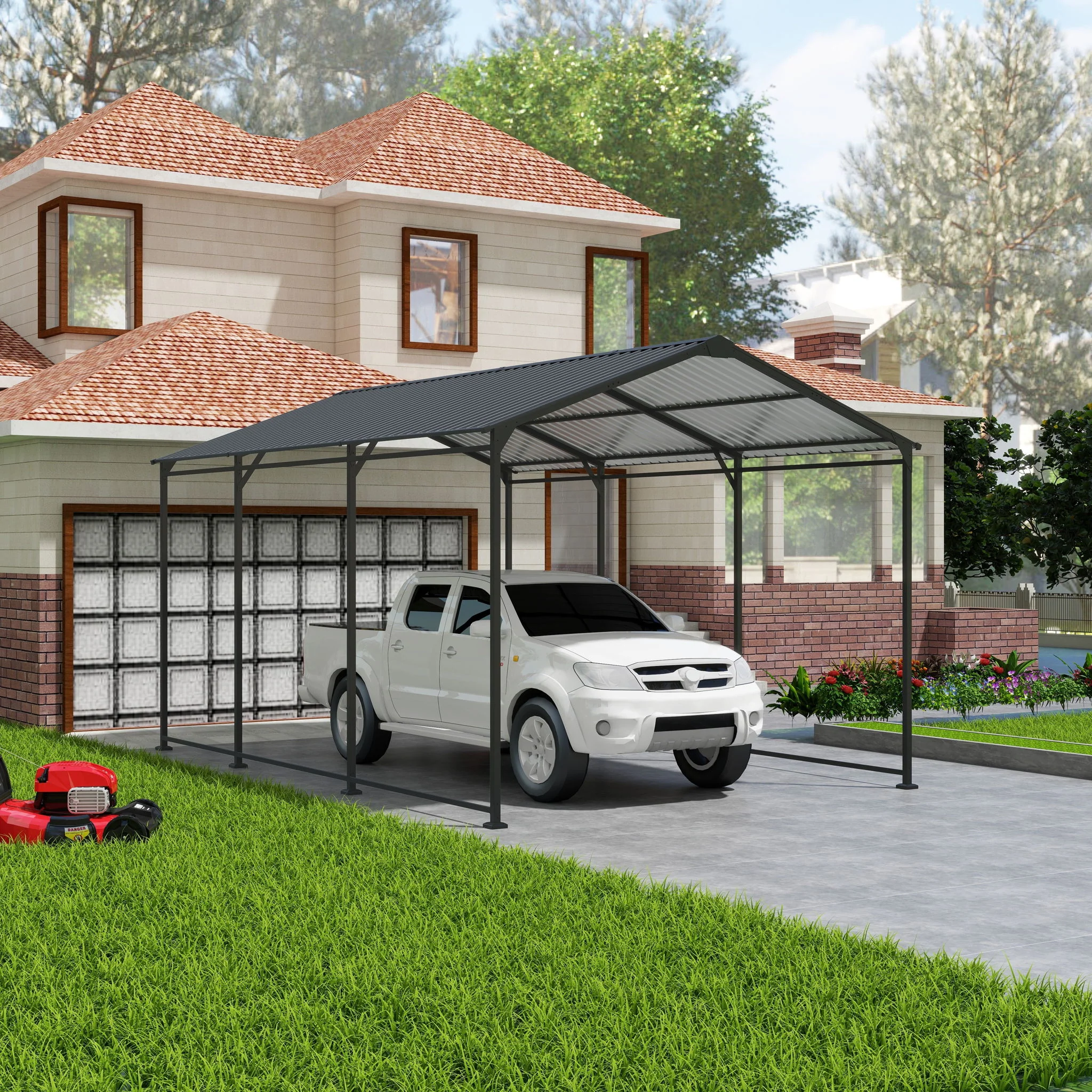 Metal Carport 10 5Ft Heavy Duty With Galvanized Steel Roof Metal Garage Canopy With Galvanized Steel Roof & Frame Car Tent Outdoor Storage Shed - Gray - Image 6