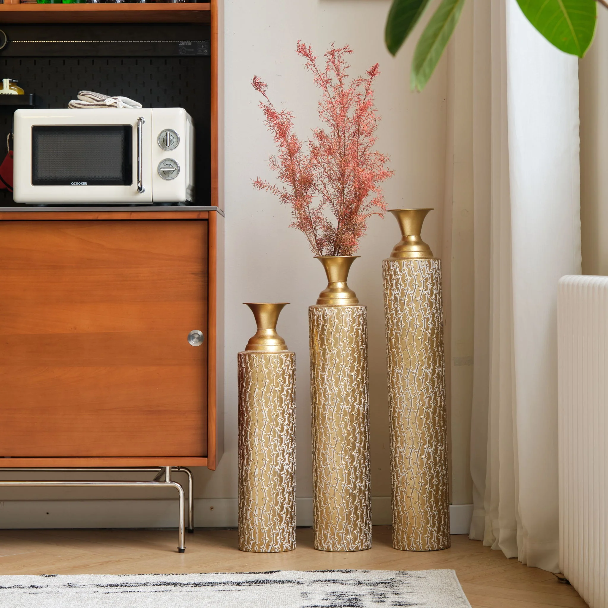 Metal Decorative Vases High Distress Metal Center Vases With Growing Vine Patterns, (Set of 3) Vases For Home Decoration - Gold - Image 3