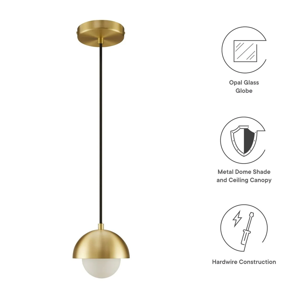 Metal Dome and Opal Glass Globe Pendant Ceiling Light Fixture, Modern Hanging - Image 3