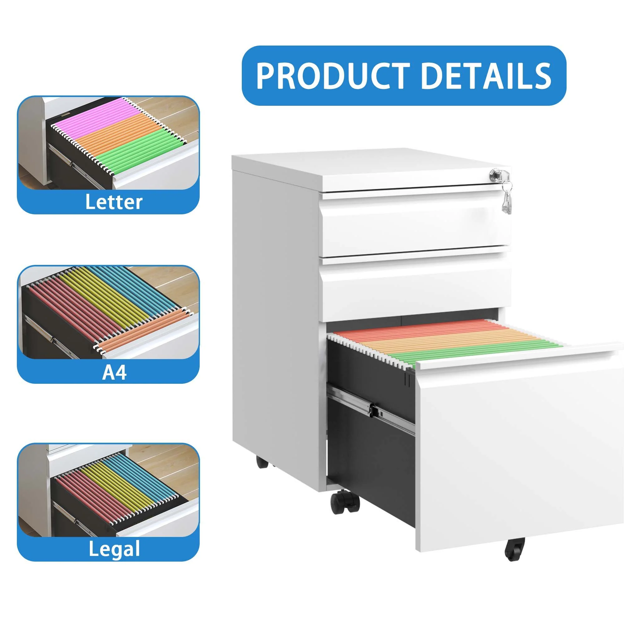 Metal Drawer Mobile File Cabinet With Lock For Home Office Organizer - Image 7