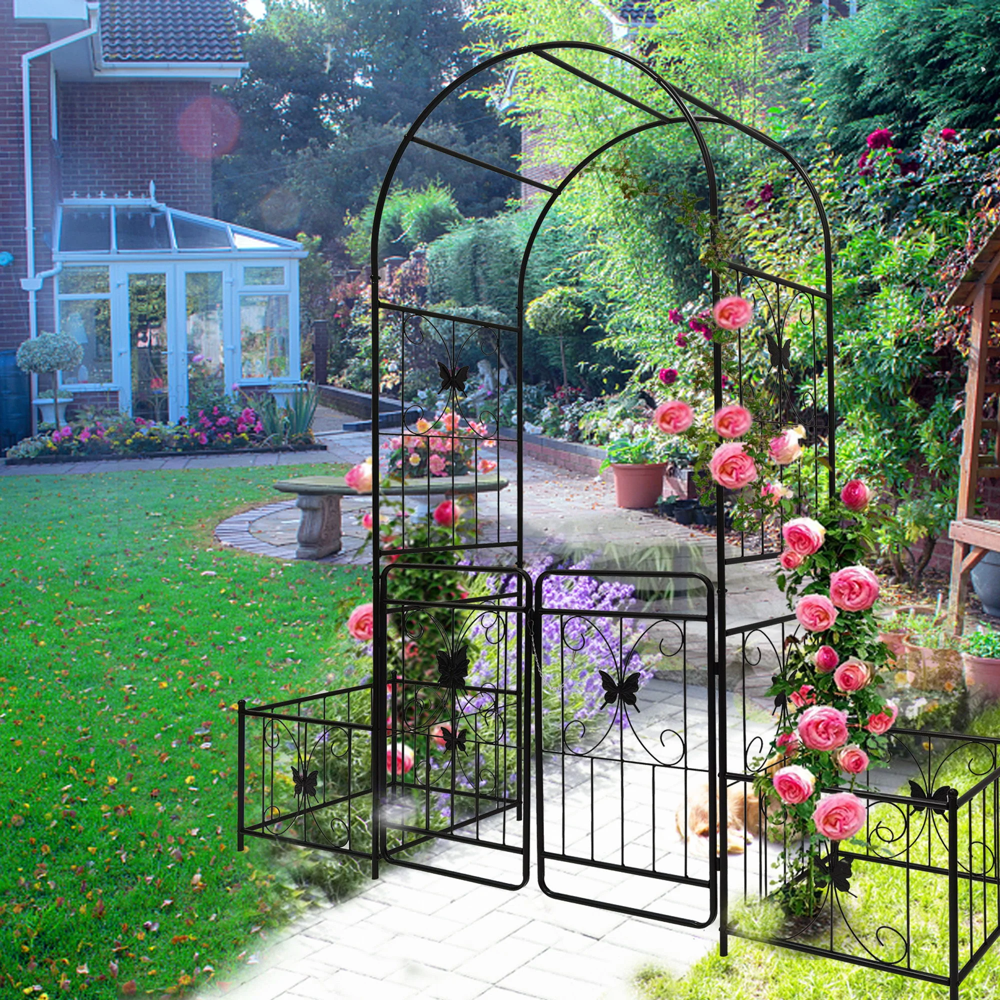 Metal Garden Arch With Gate High Climbing Plants Support Rose Arch Outdoor - Black - Image 7
