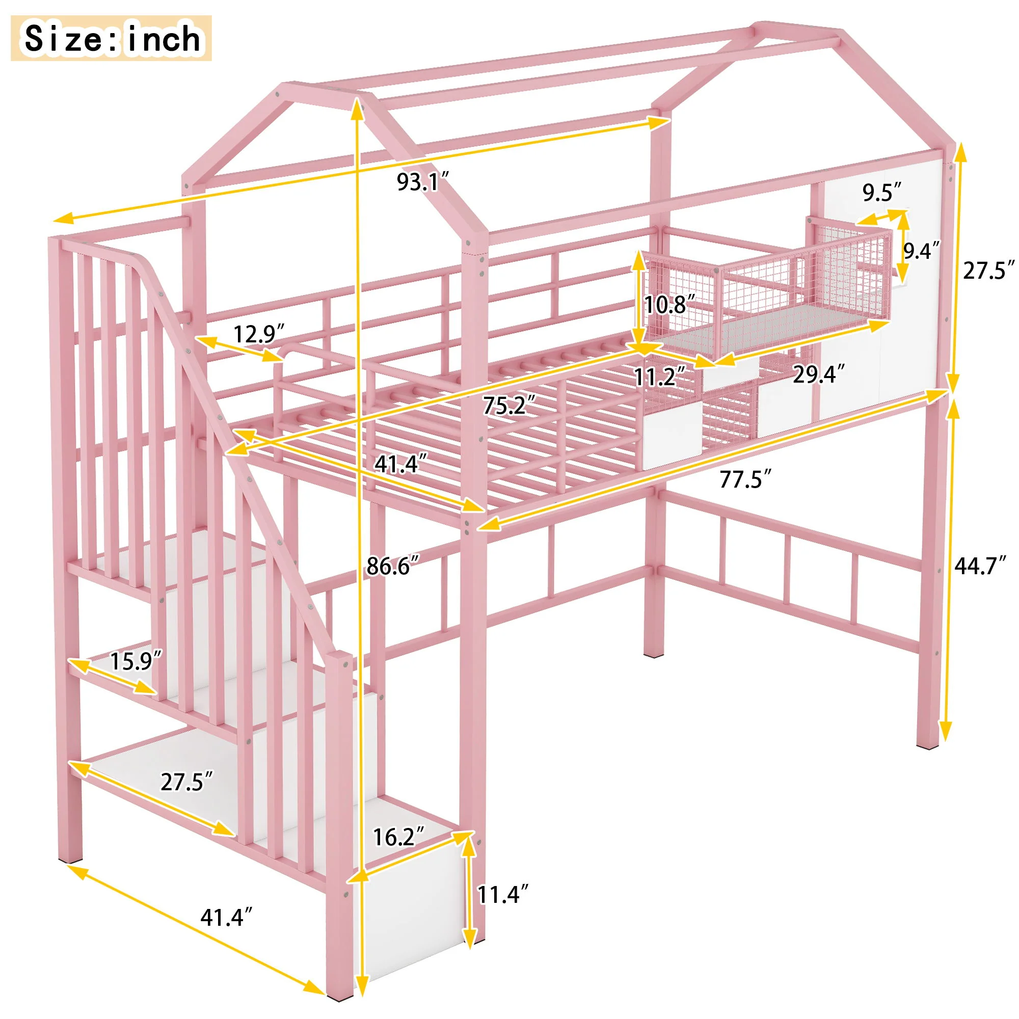 Metal Loft Bed With Roof Design And Storage Box With Guardrails And Integrated Ladder - Image 14