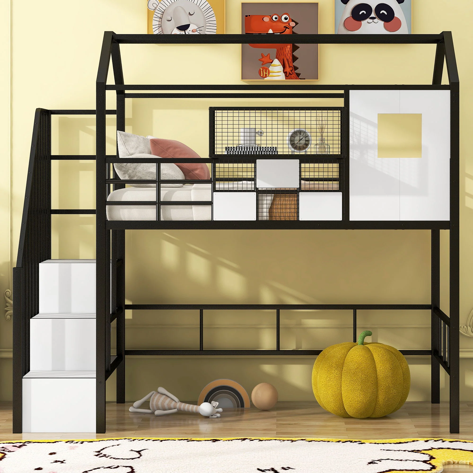 Metal Loft Bed With Roof Design And Storage Box With Guardrails And Integrated Ladder - Image 18