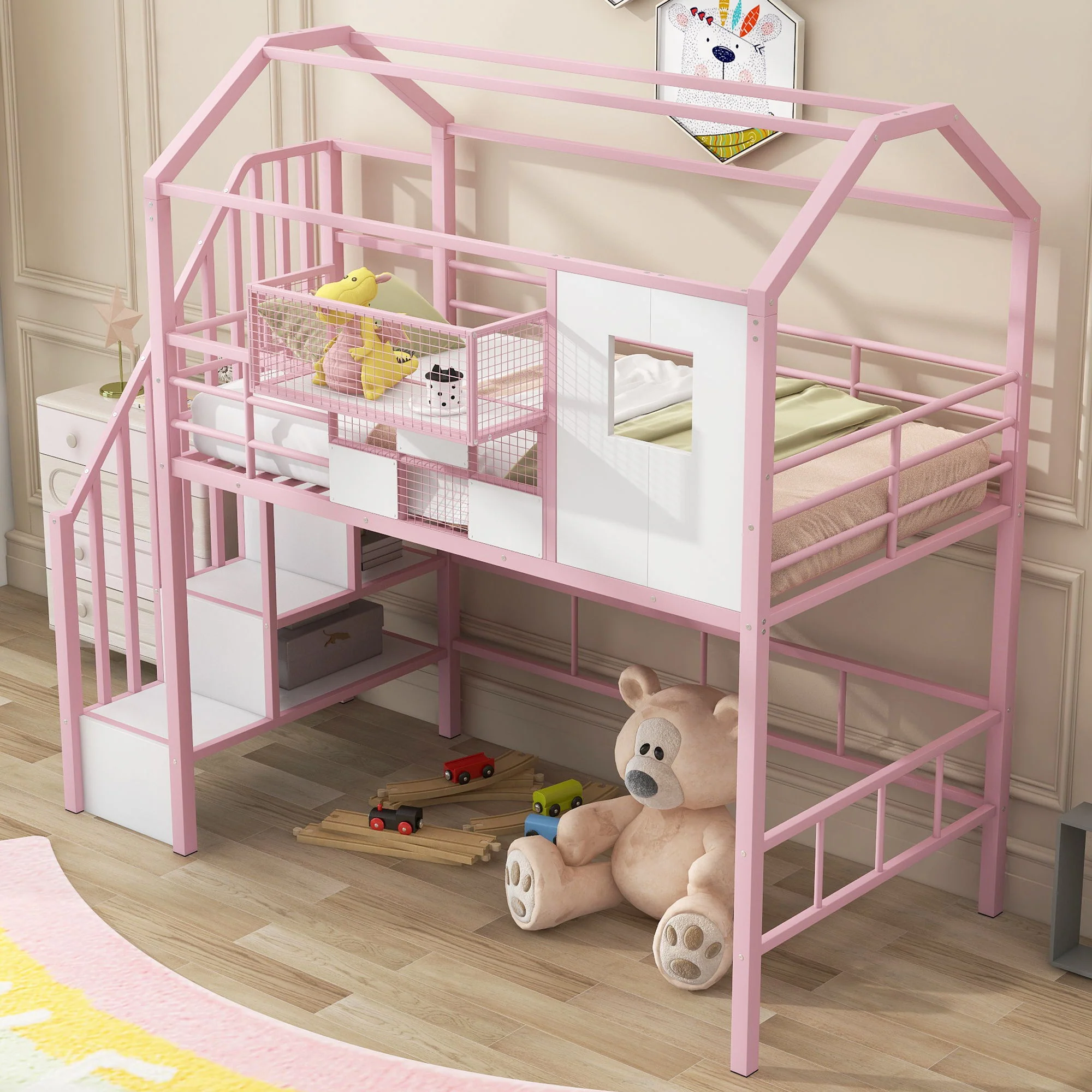Metal Loft Bed With Roof Design And Storage Box With Guardrails And Integrated Ladder - Image 3