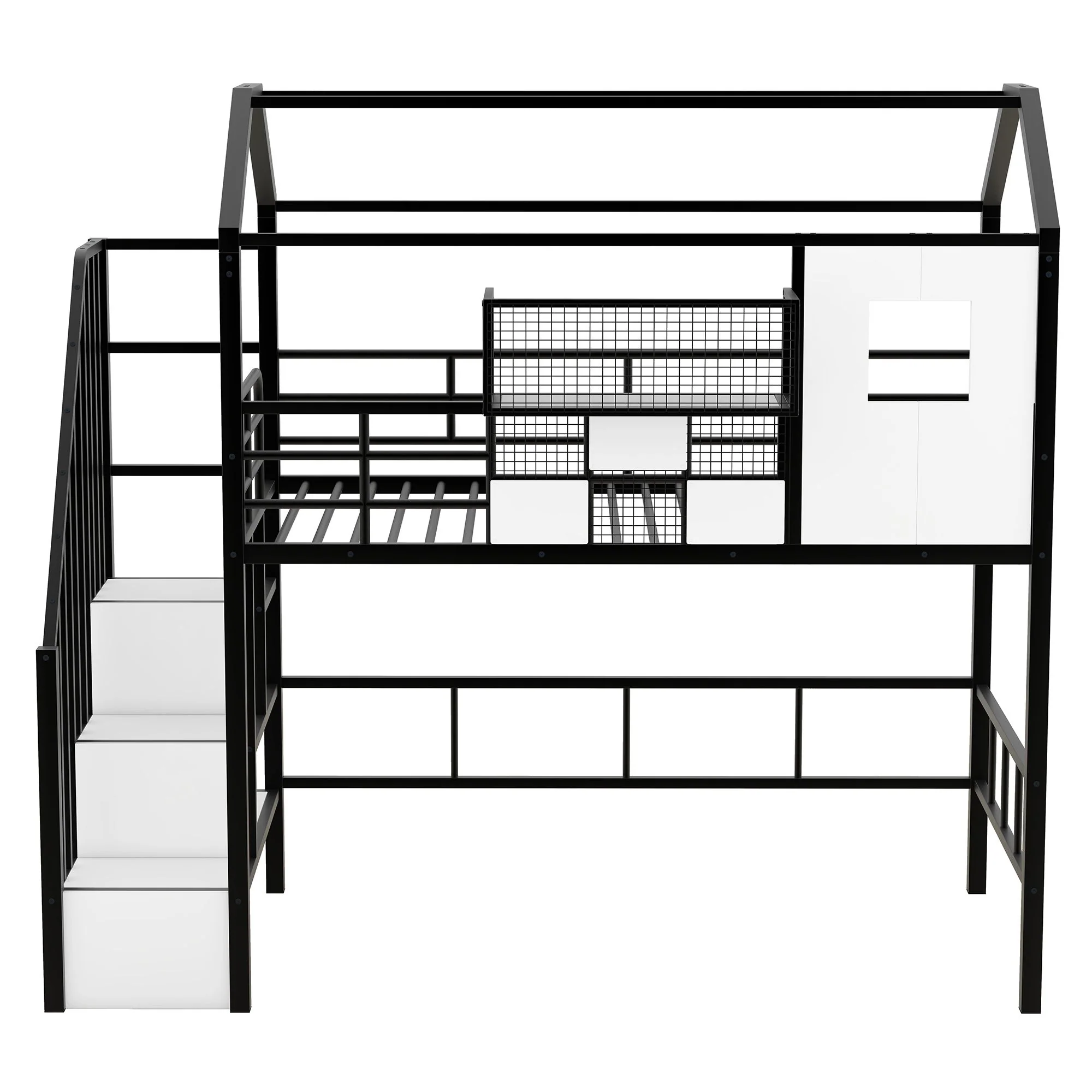Metal Loft Bed With Roof Design And Storage Box With Guardrails And Integrated Ladder - Image 7