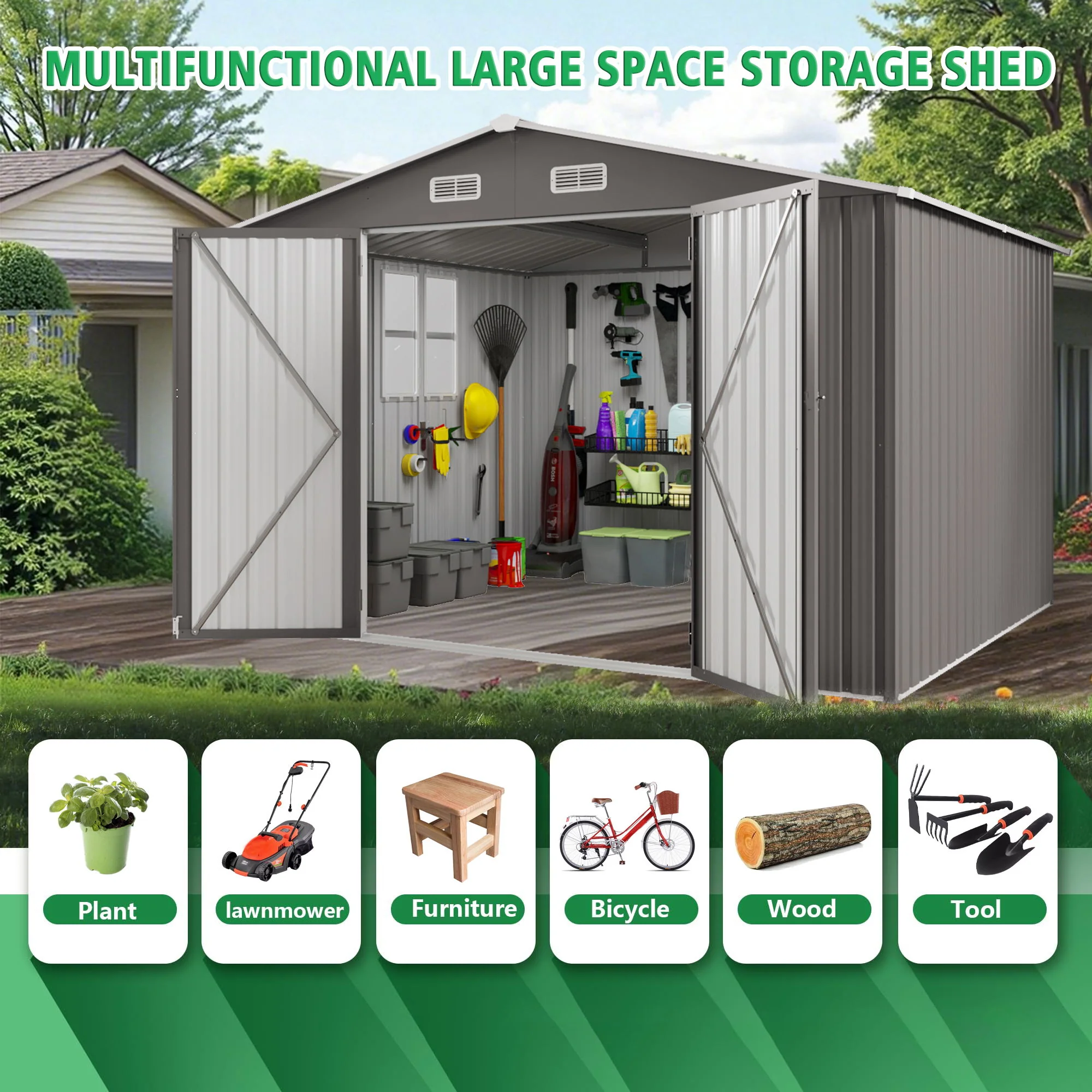 Metal Storage Shed Garden Building Large Waterproof Tool Shell Gray - Image 14