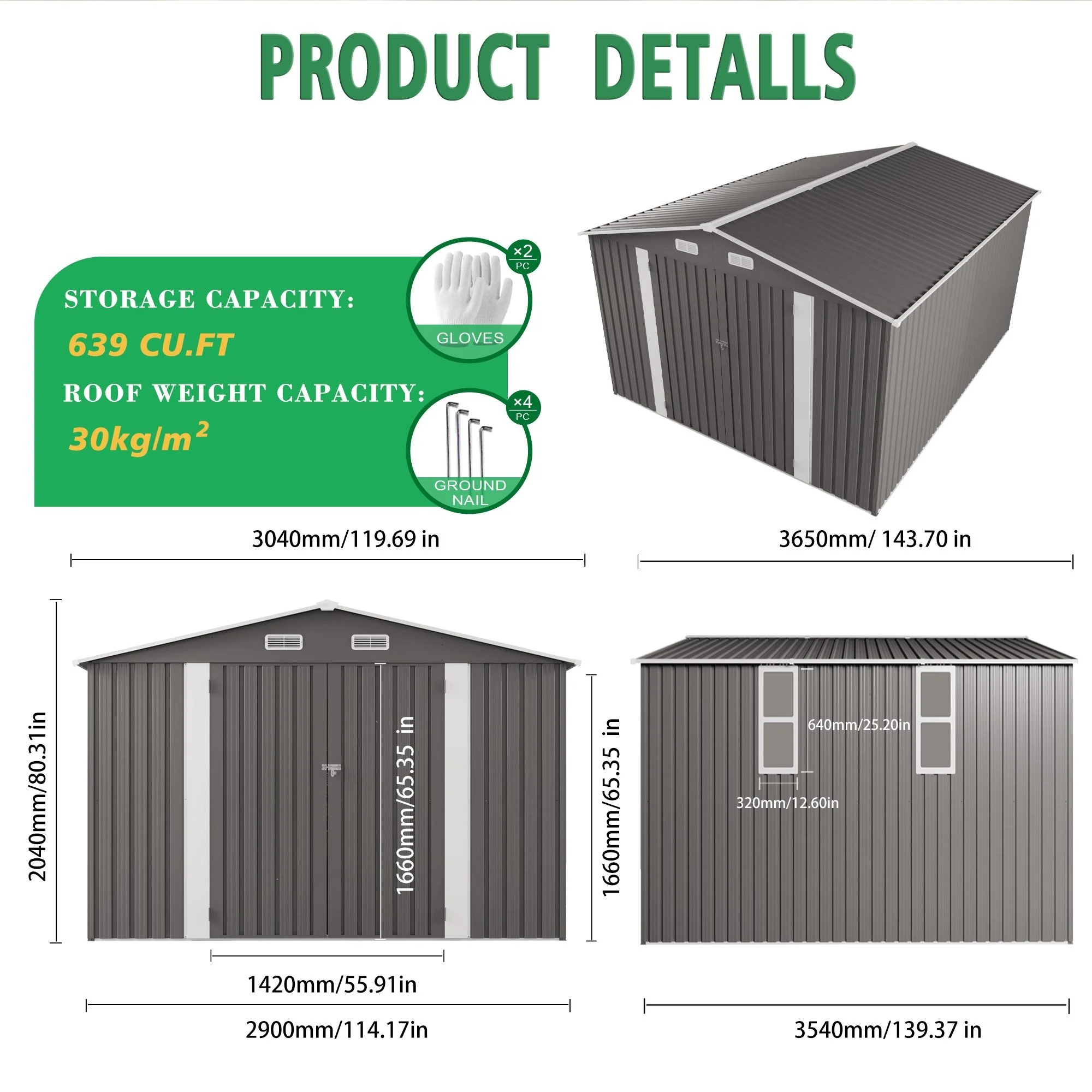 Metal Storage Shed Garden Building Large Waterproof Tool Shell Gray - Image 15