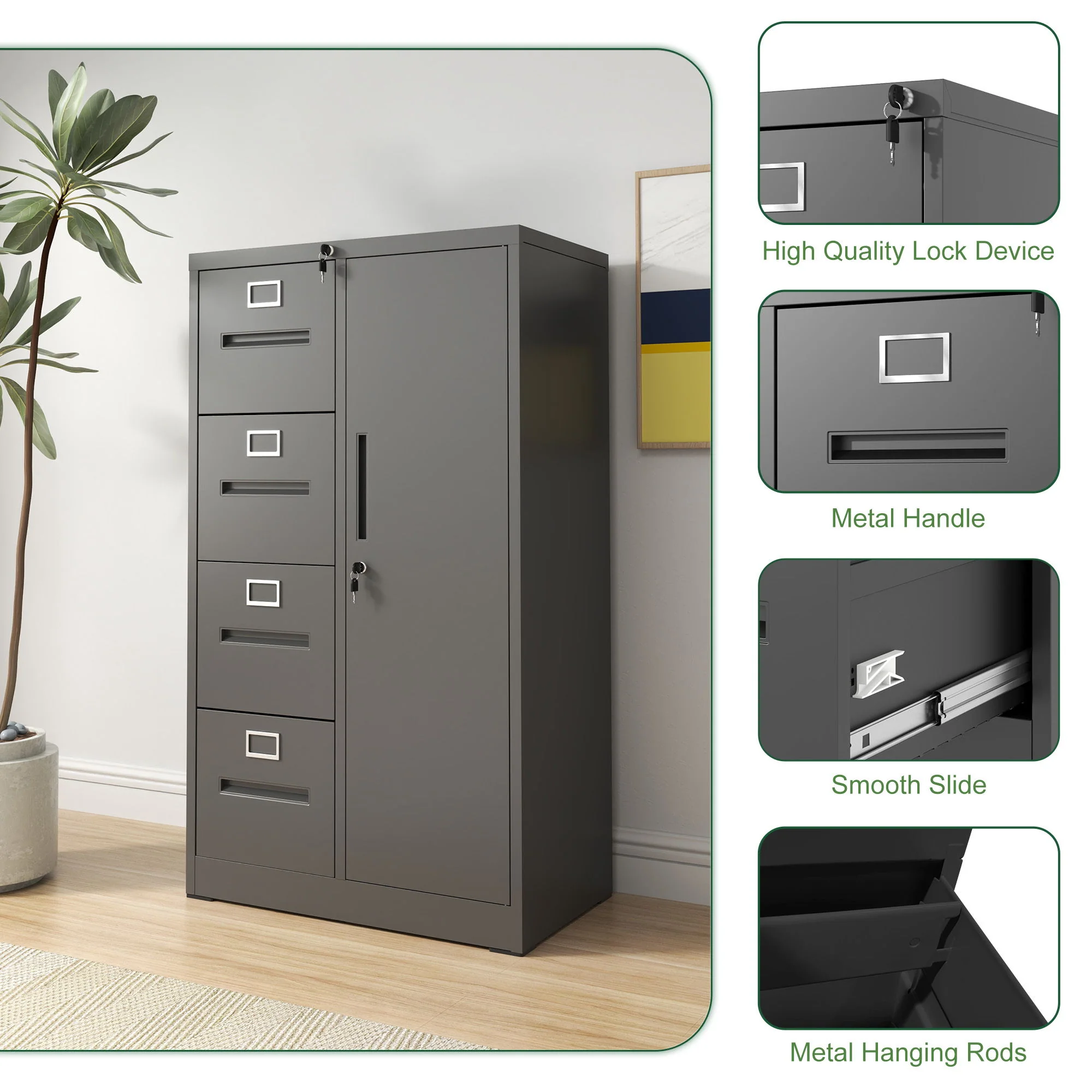 Metal Storage Vertical Filing Cabinet With Lock, 4 Drawers, 1 Door, Steel Construction, School / Office Use - Image 9