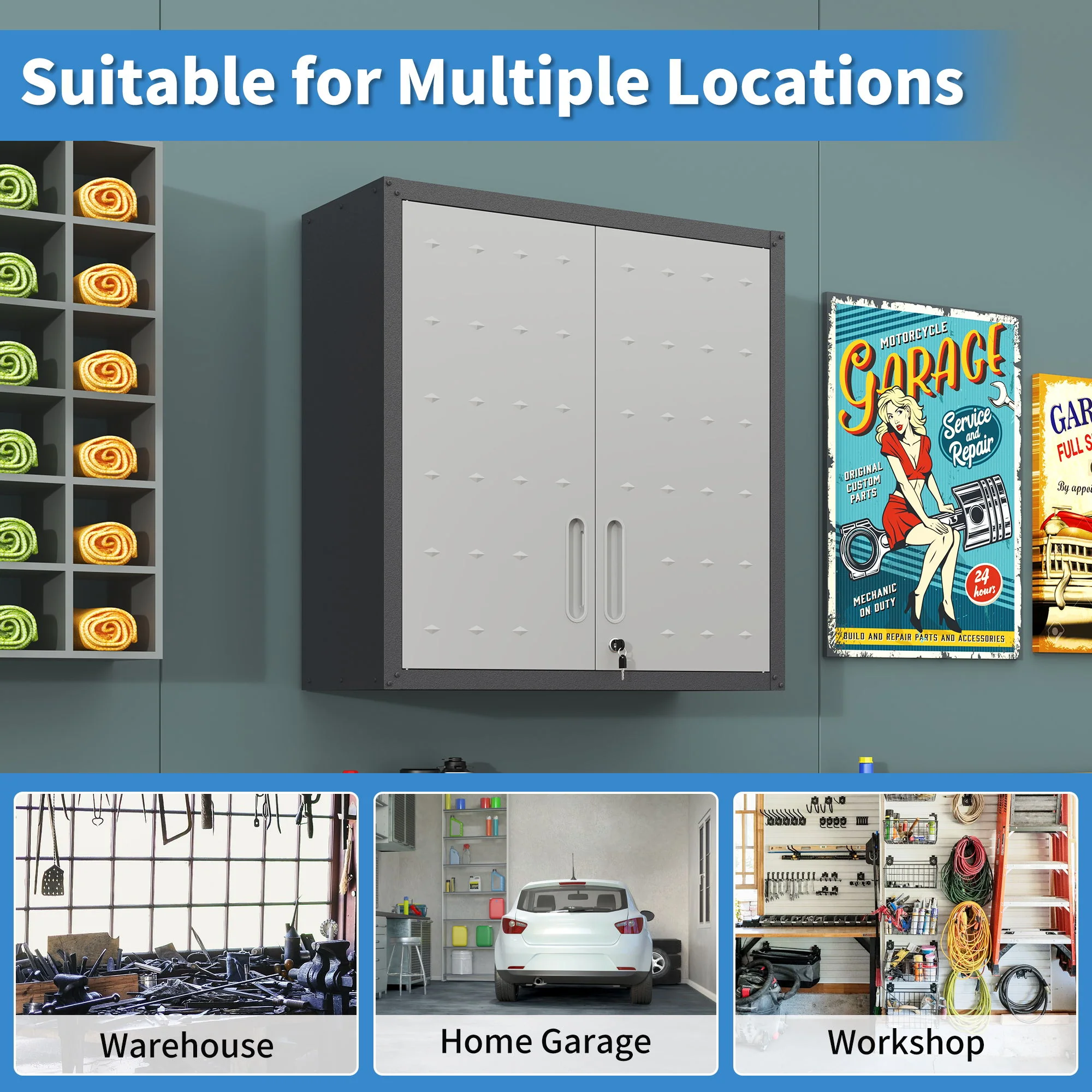 Metal Wall Mounted Tool Storage Cabinet With 2 Locking Doors, Adjustable Shelf, And Drawer - Image 11