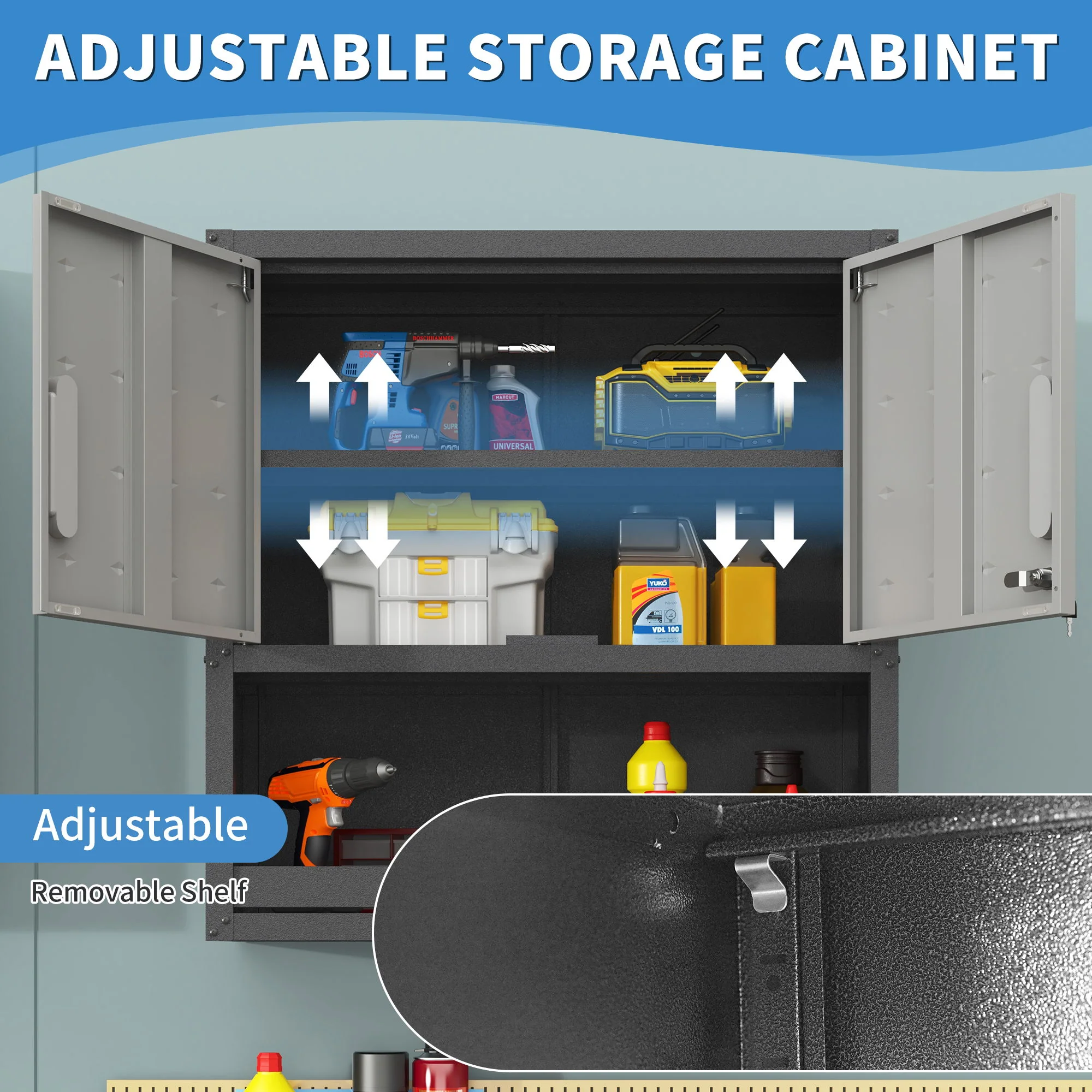 Metal Wall Mounted Tool Storage Cabinet With Locking Door, 1 Shelf & 1 Drawer - Image 6