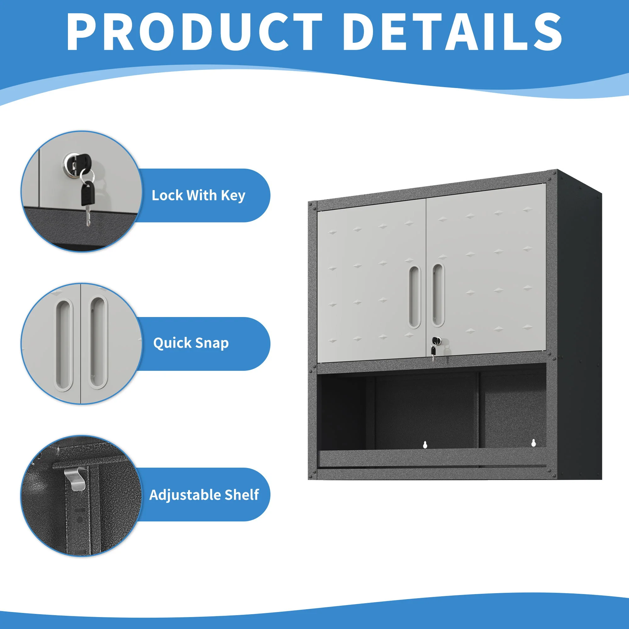 Metal Wall Mounted Tool Storage Cabinet With Locking Door, 1 Shelf & 1 Drawer - Image 7