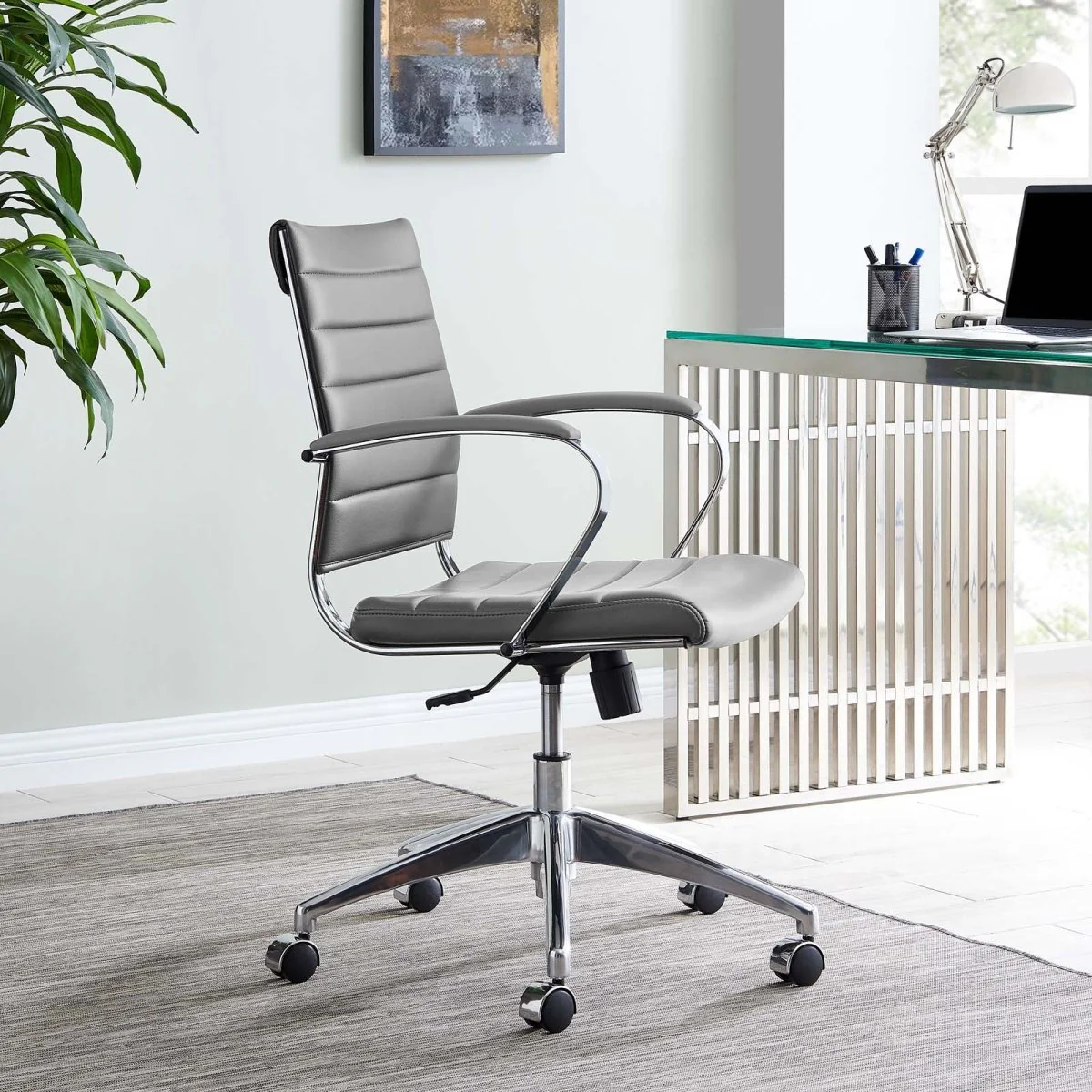 Mid Back Ribbed Vinyl Office Chair — Ergonomic Swivel Task Seating for Workspace - Image 18