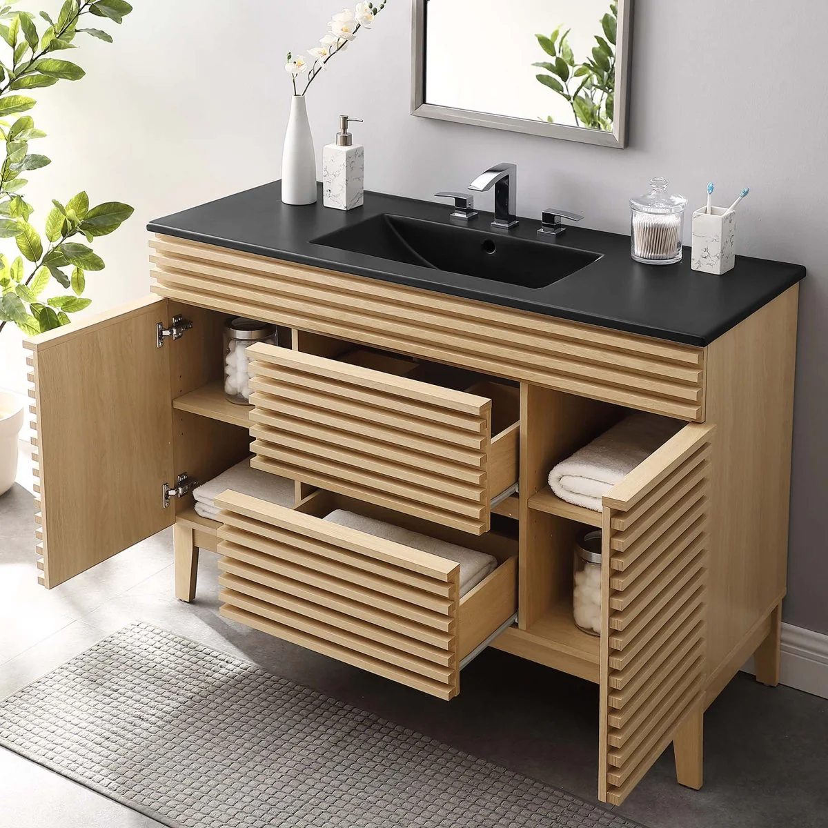 Mid-Century Bathroom Vanity Cabinet with Sink Storage and Modern Design - Image 36