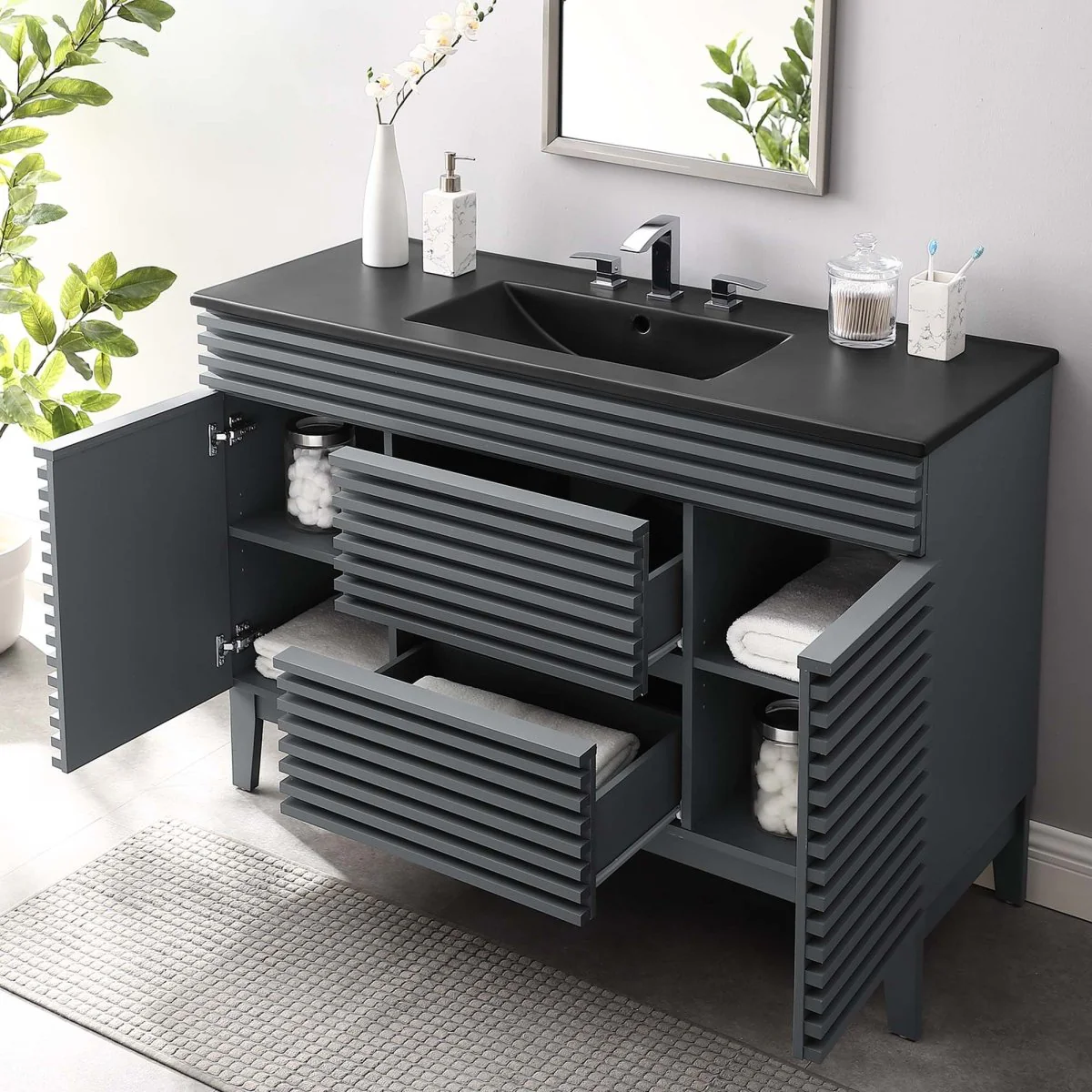 Mid-Century Bathroom Vanity Cabinet with Sink Storage and Modern Design - Image 46