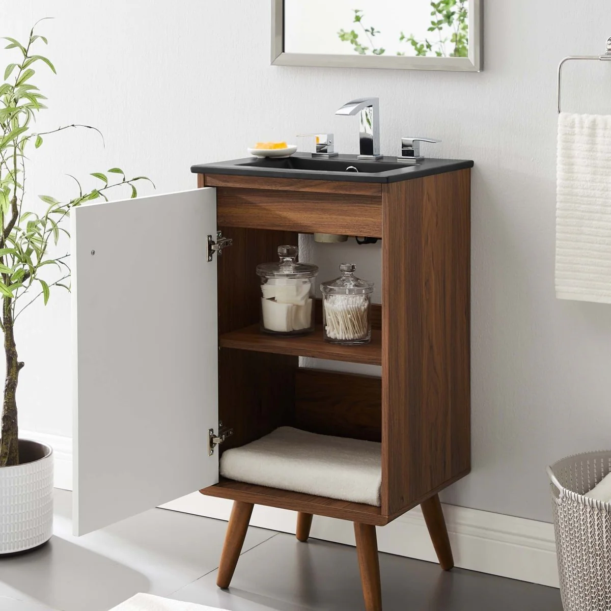 Mid-Century Bathroom Vanity Collection - Walnut Modern Bathroom Vanity Cabinets Set - Image 13