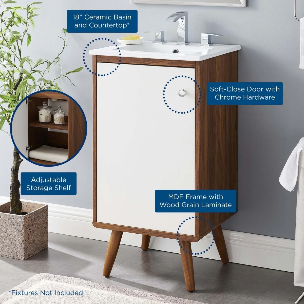 Mid-Century Bathroom Vanity Collection - Walnut Modern Bathroom Vanity Cabinets Set - Image 2
