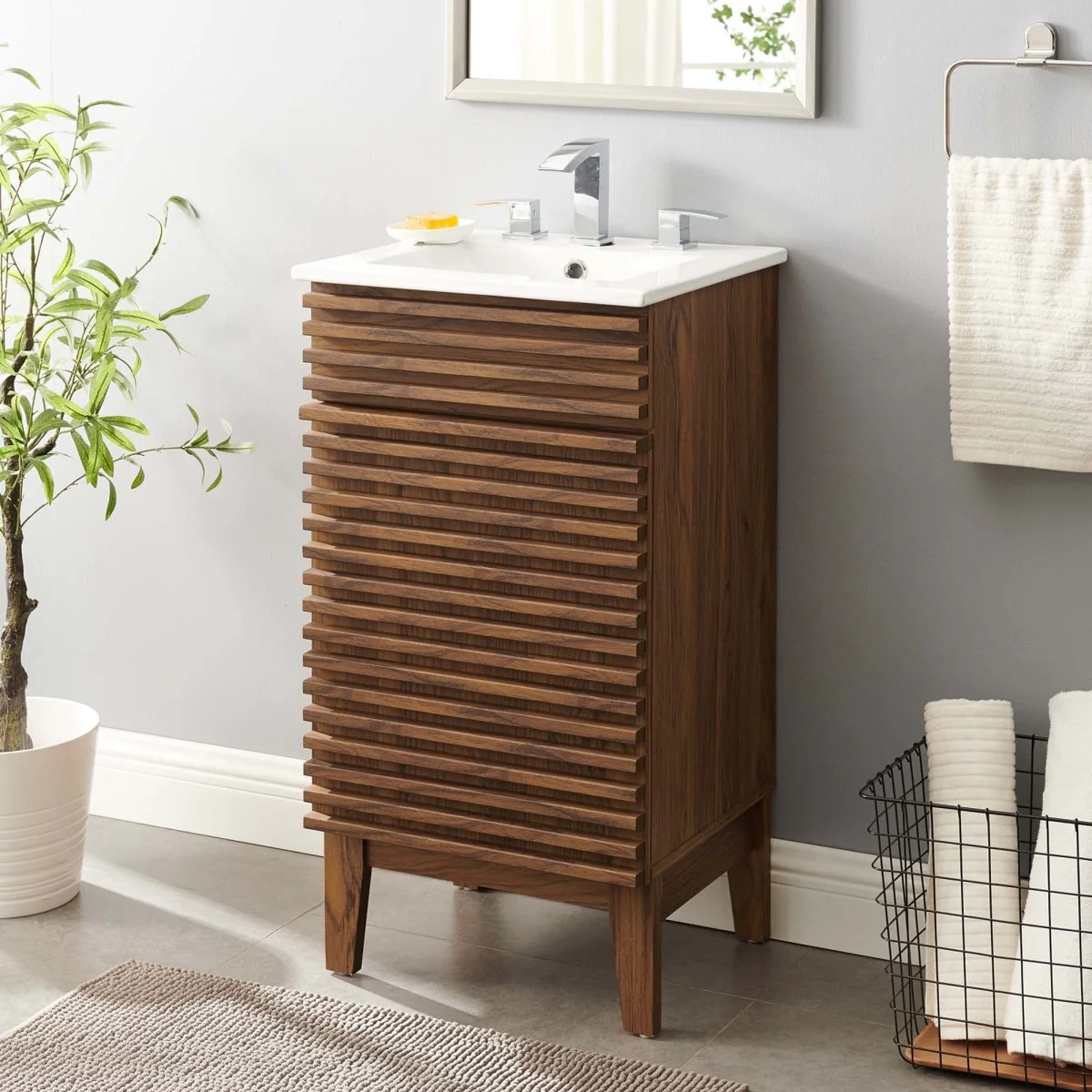 Mid-Century Bathroom Vanity with Sink — Freestanding Single-Sink Vanity Cabinet - Image 55
