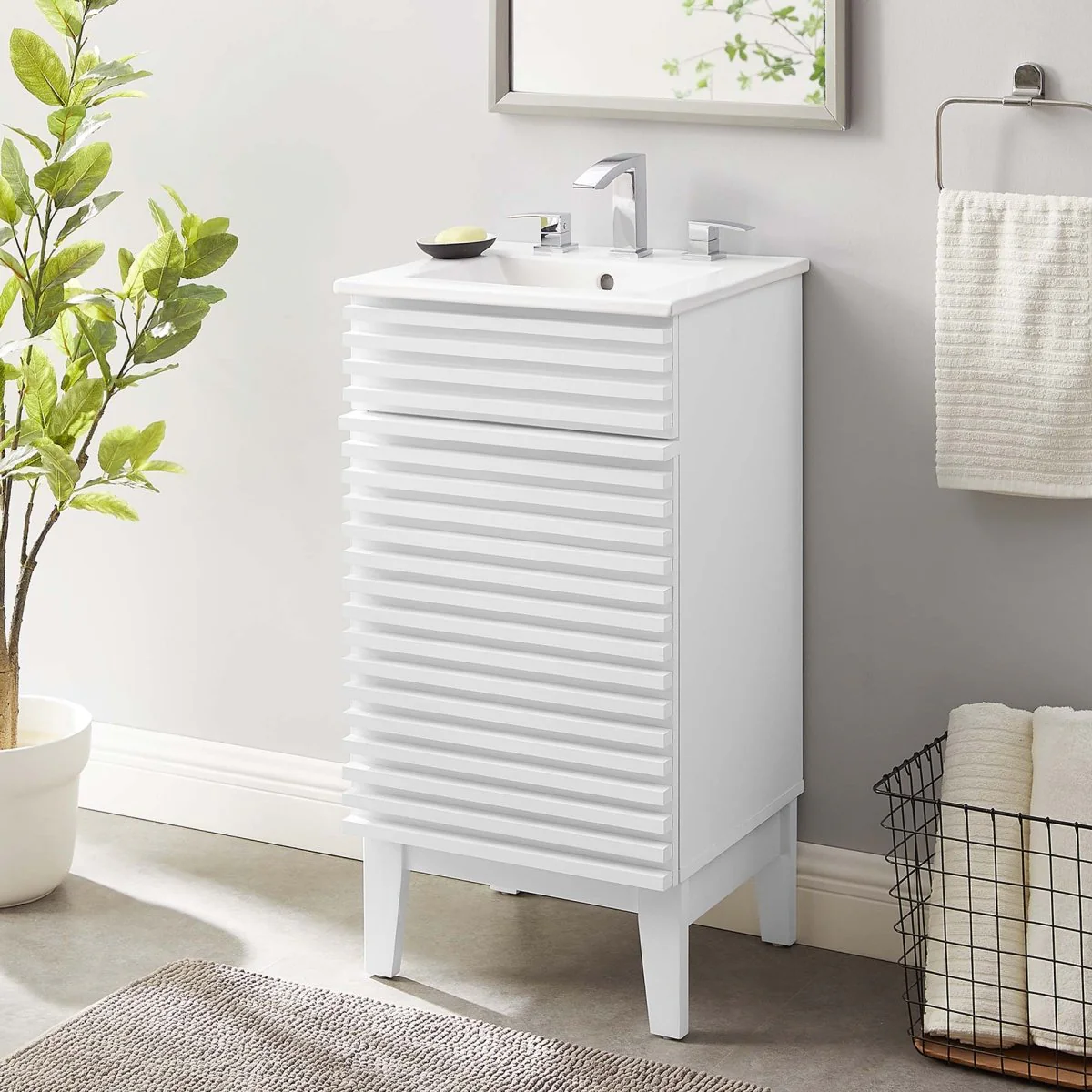 Mid-Century Bathroom Vanity with Sink — Freestanding Single-Sink Vanity Cabinet - Image 9