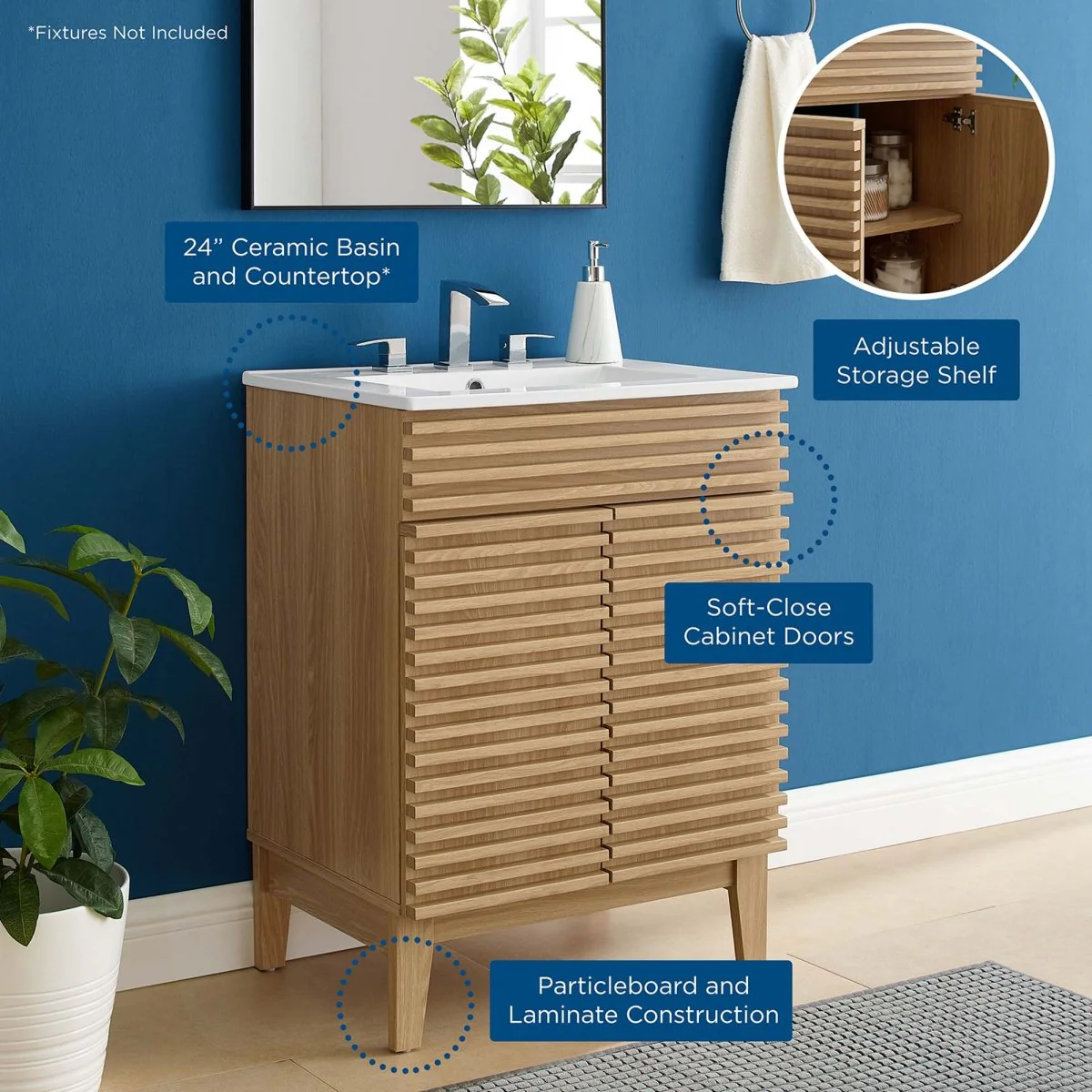 Mid-Century Bathroom Vanity with Sink — Freestanding Single-Sink Vanity Cabinet - Image 96
