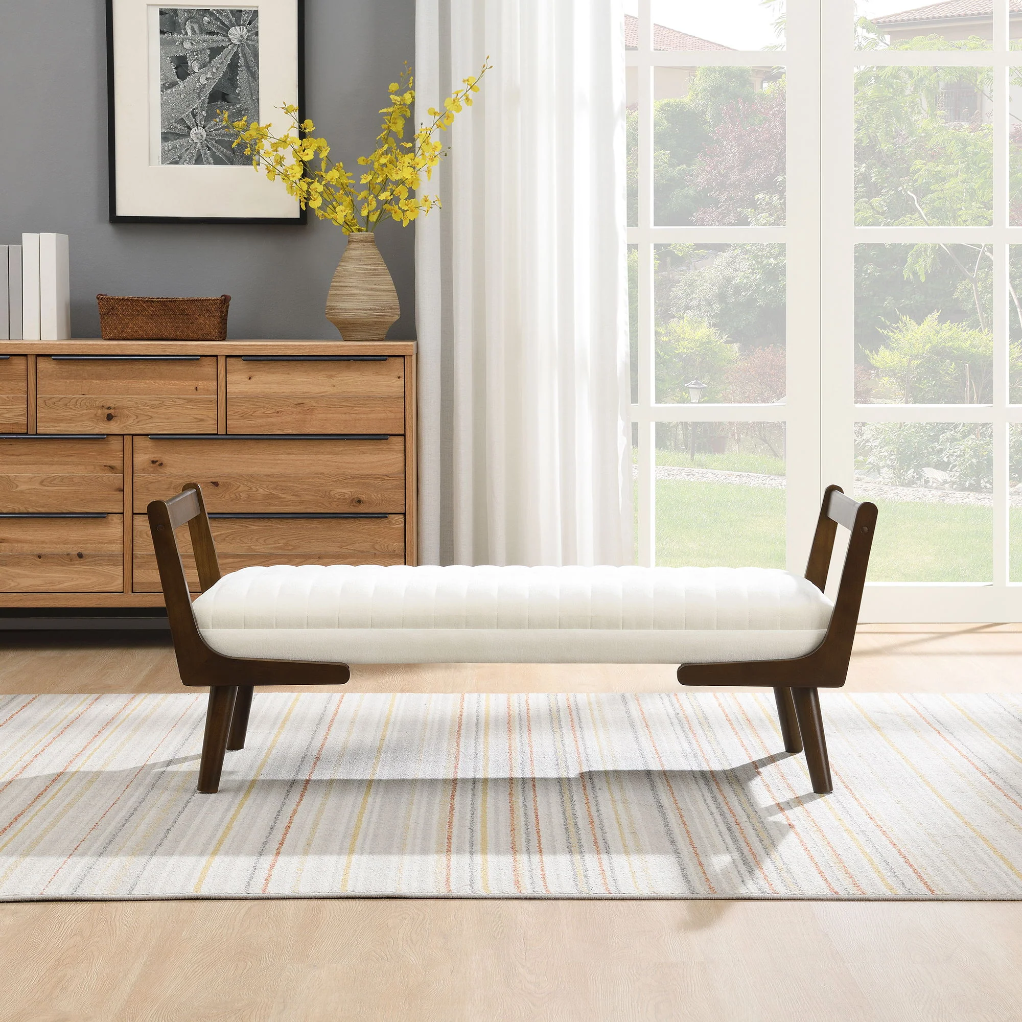 Mid-Century Bench With Wood Legs - Image 9