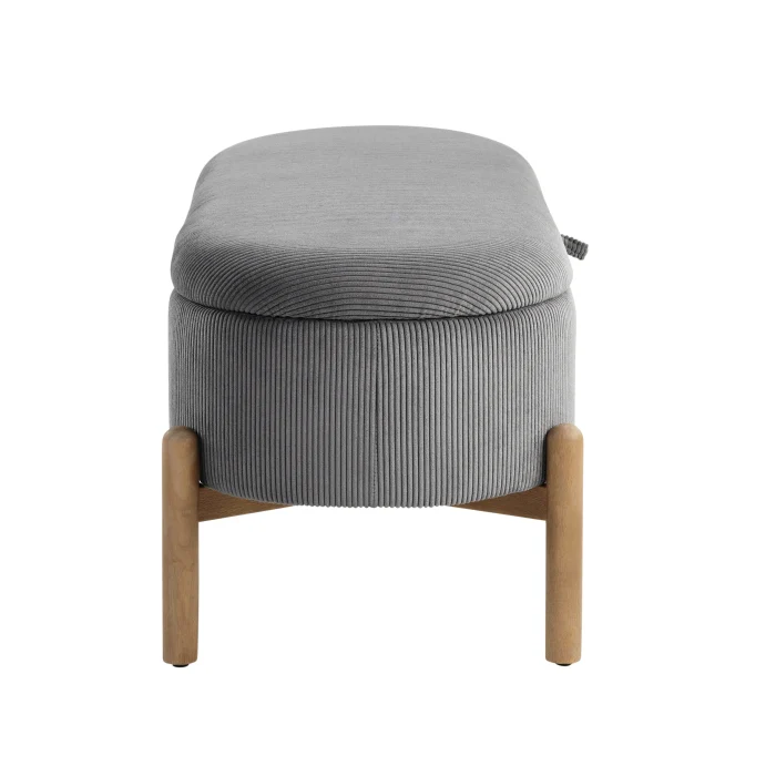 Mid-Century Gray Corduroy Lift-Top Storage Bench - Image 3
