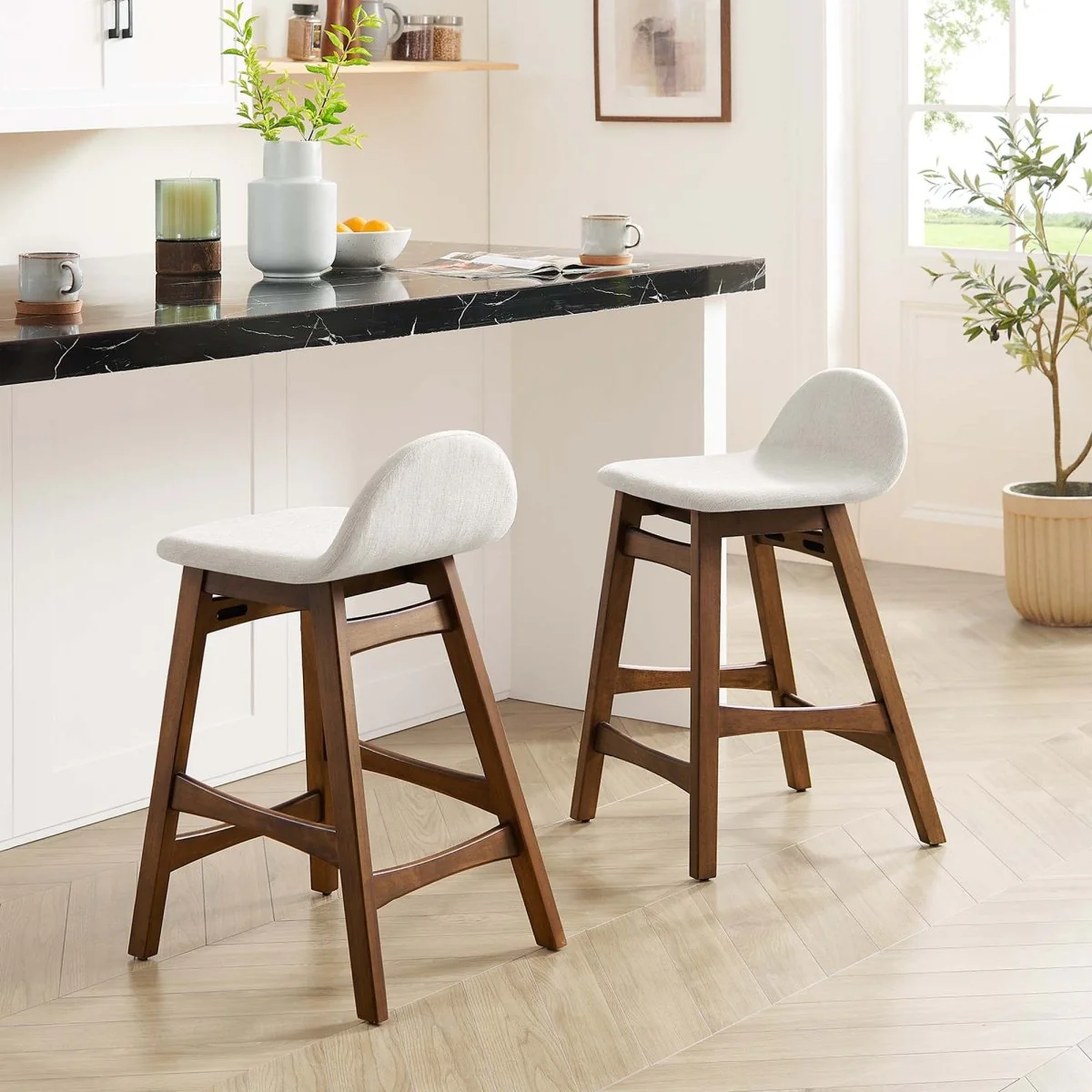 Mid-Century Heathered Fabric Wood Counter Stool Set of 2 - Image 8