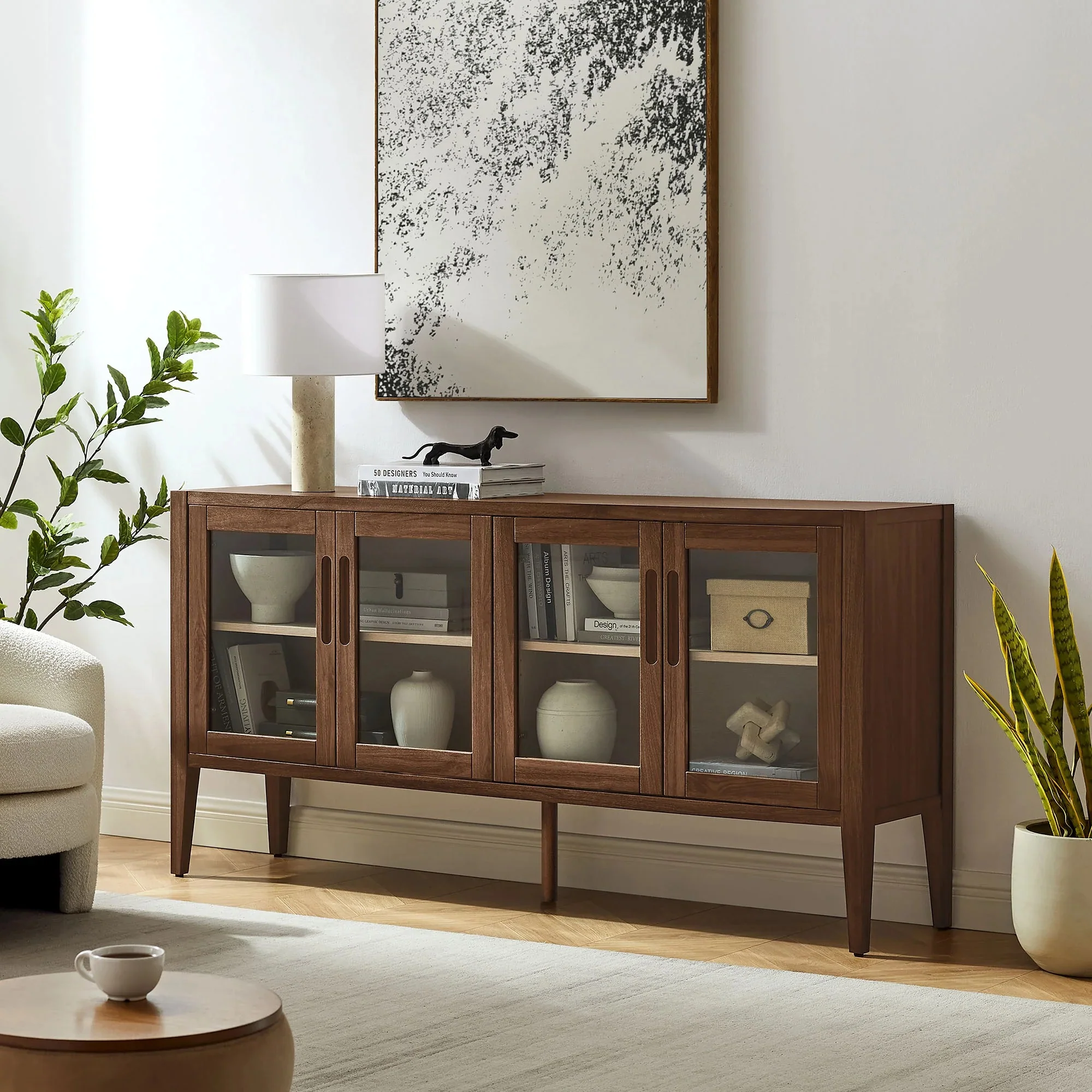 Mid-Century Modern 4-Door Glass Sideboard Storage Cabinet – Walnut 72 Inch - Image 2