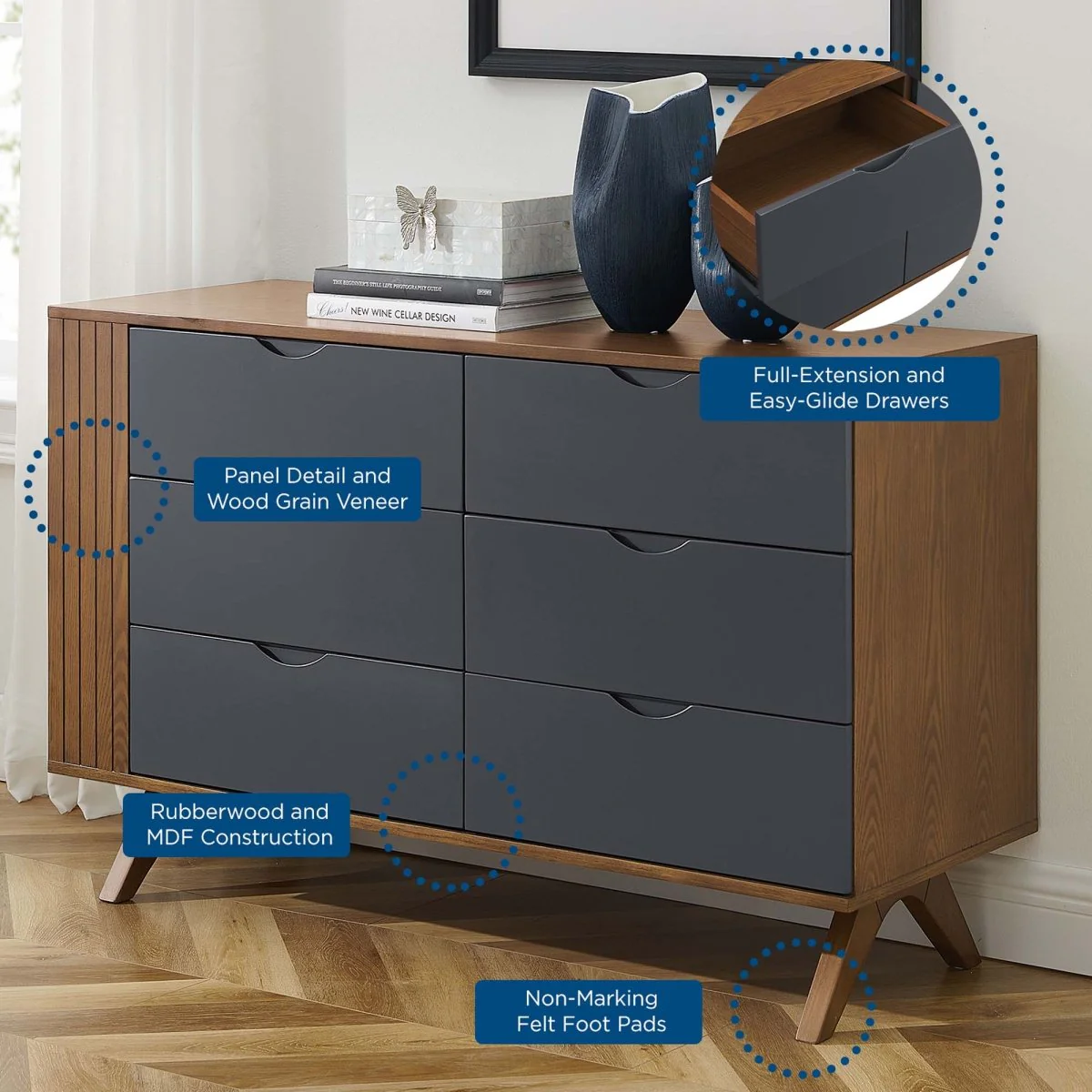 Mid-Century Modern 6-Drawer Dresser and Mirror Set - Walnut - Image 2