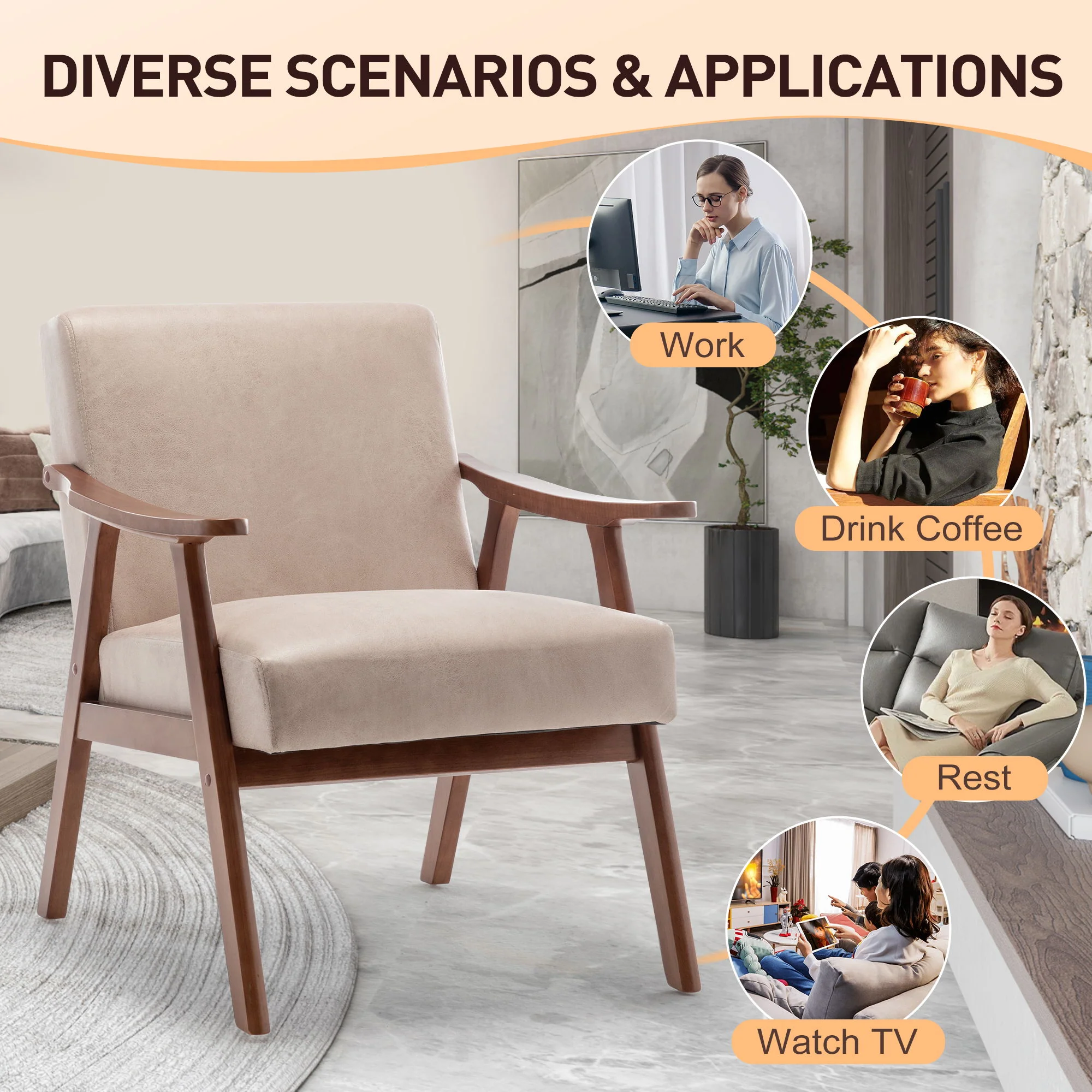 Mid Century Modern Accent Chair With Solid Wood Frame And Extra Thick Backrest - Image 23