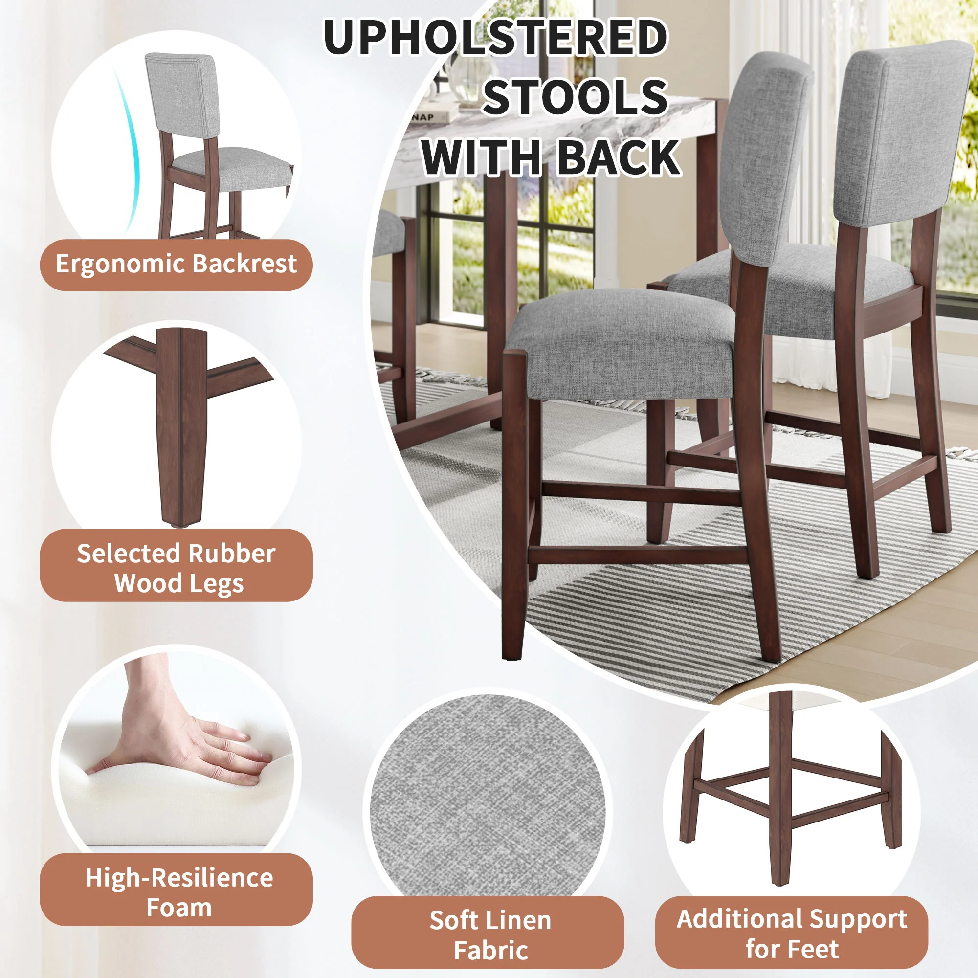 Mid Century Modern Bar Stools, Upholstered Counter Chairs - Image 4